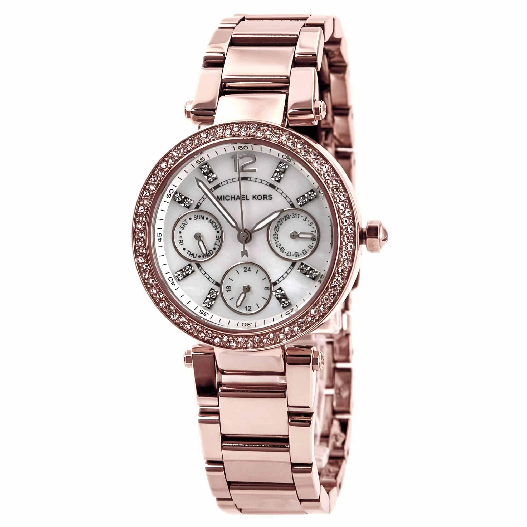 Michael Kors MK5616 Women's Parker Mini Rose Gold Steel Bracelet Crystal MOP Dial Day Date Watch
