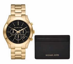 Michael Kors Slim Runway Chronograph Gents Gold-Tone Stainless Steel Watch and Slim Card Case Set