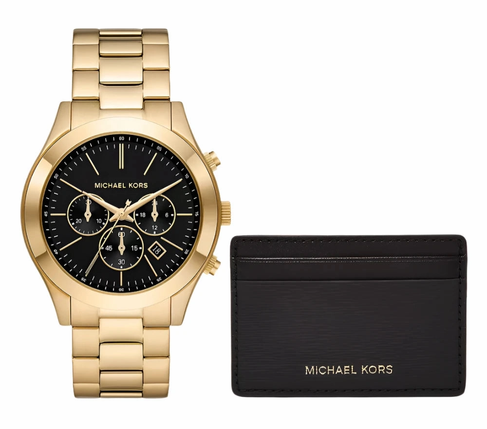 Michael Kors Slim Runway Chronograph Gents Gold-Tone Stainless Steel Watch and Slim Card Case Set