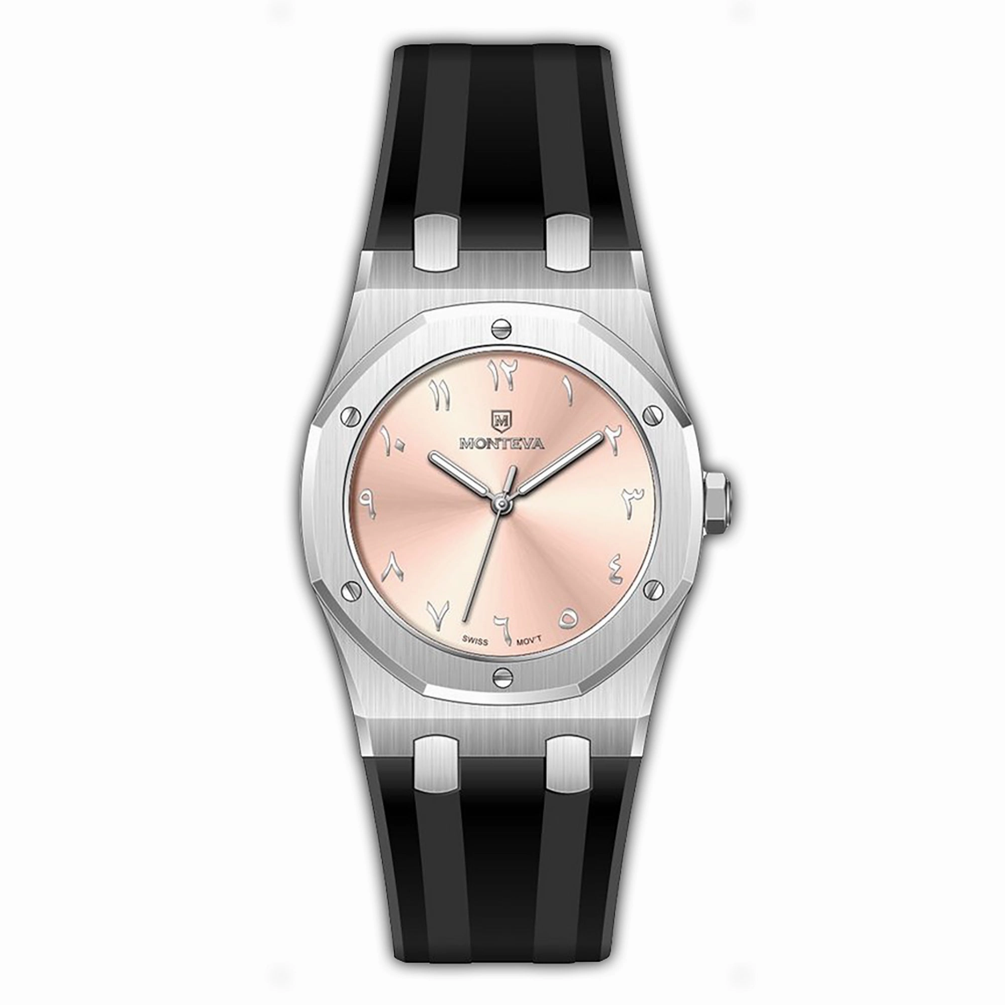 Monteva AP Gents Pink Dial Watch with Arabic Numerals and Black Rubber Strap