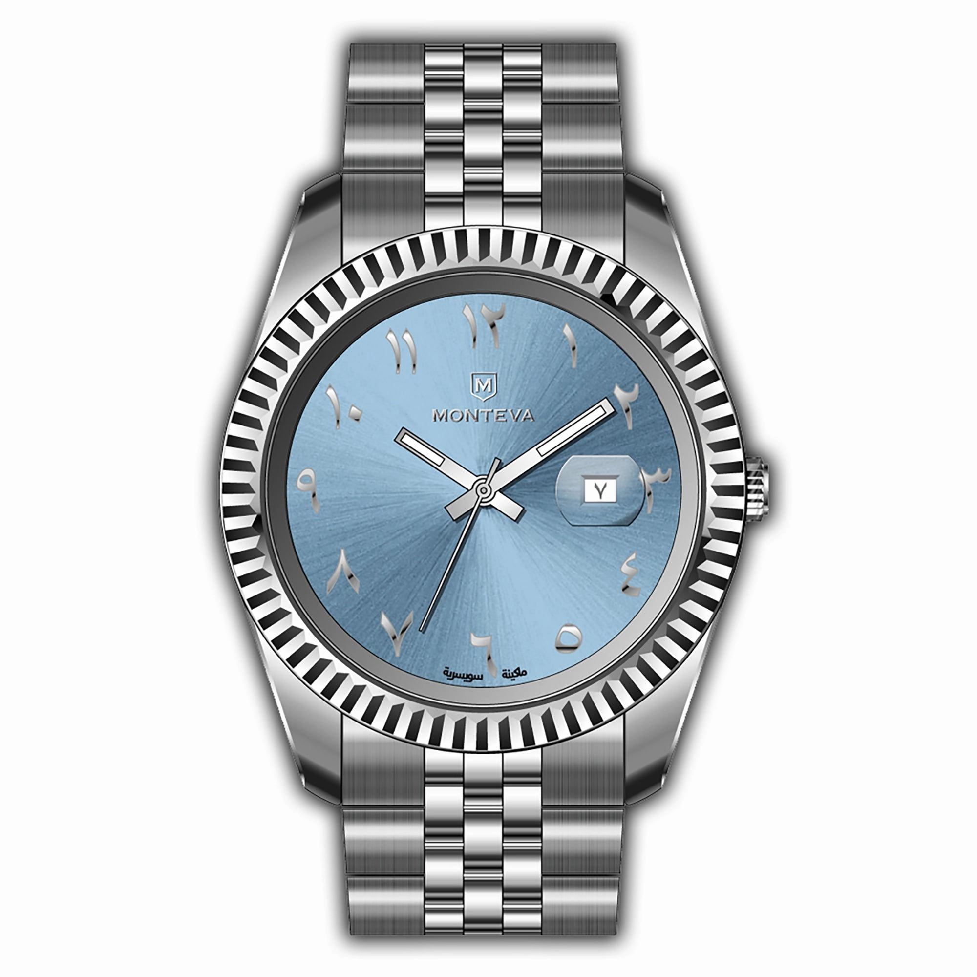 Monteva Gents Light Blue Watch with Arabic Numerals and Metal Band