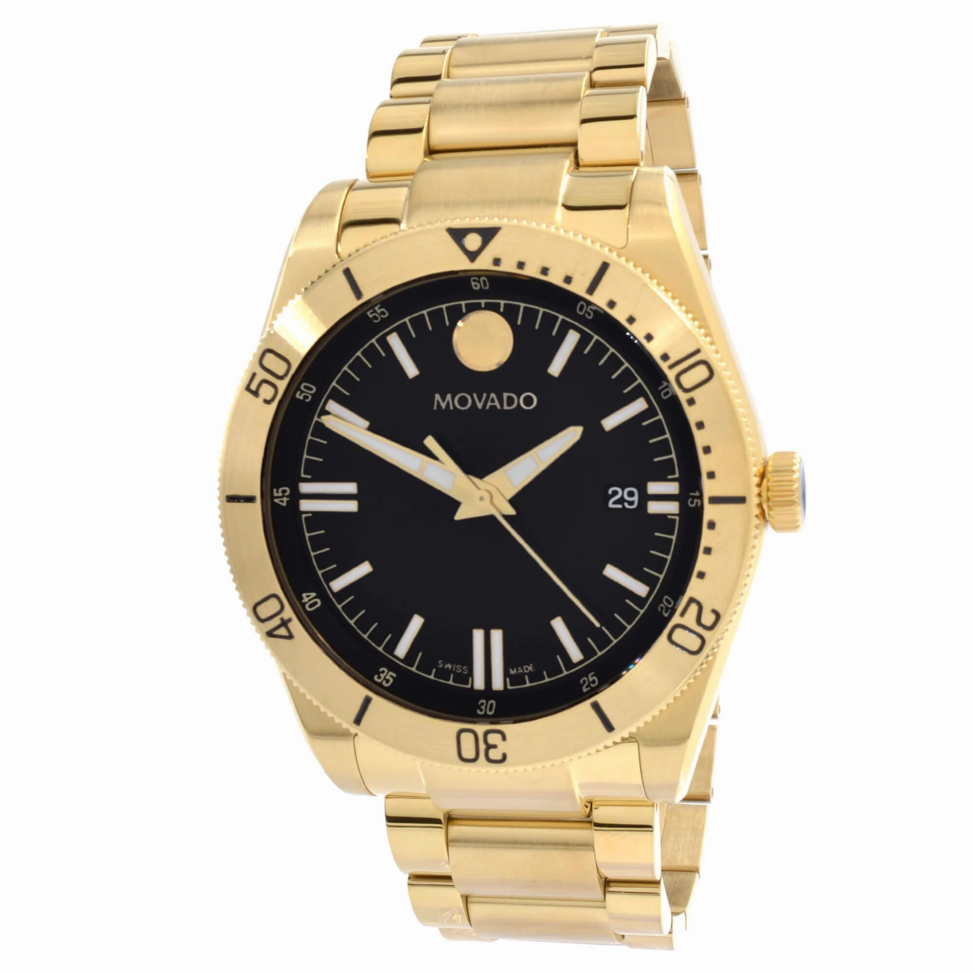Movado Men's Quartz Watch - Sport Black Dial Yellow Gold Tone Bracelet | 0607436
