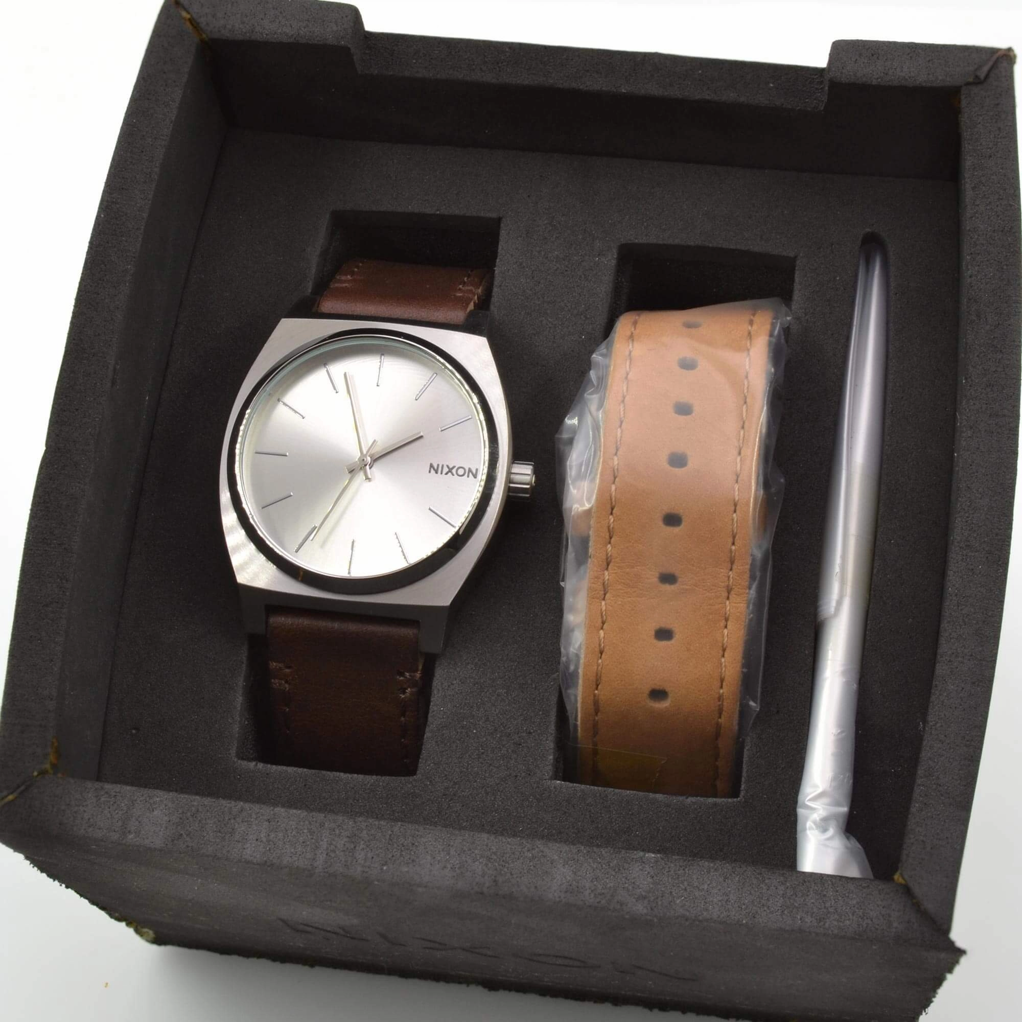 Nixon Unisex Watch - Time Teller Silver Tone Dial Brown Leather Strap | A11372872