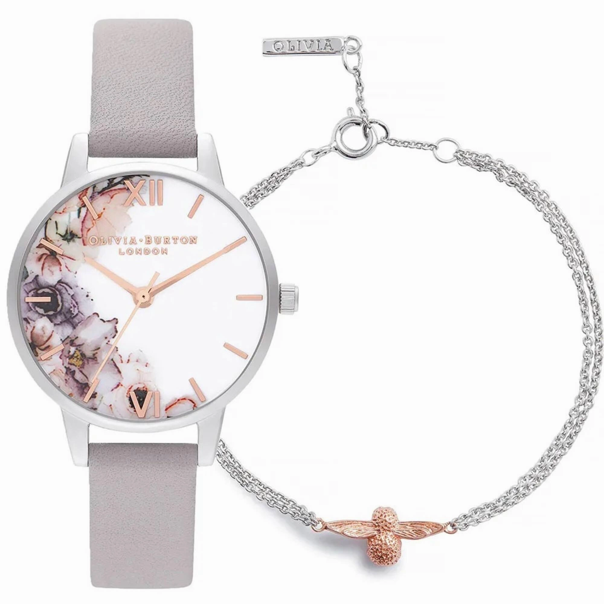 Olivia Burton Women's Watch - Watercolour Floral White Dial Grey Strap | OBGSET45