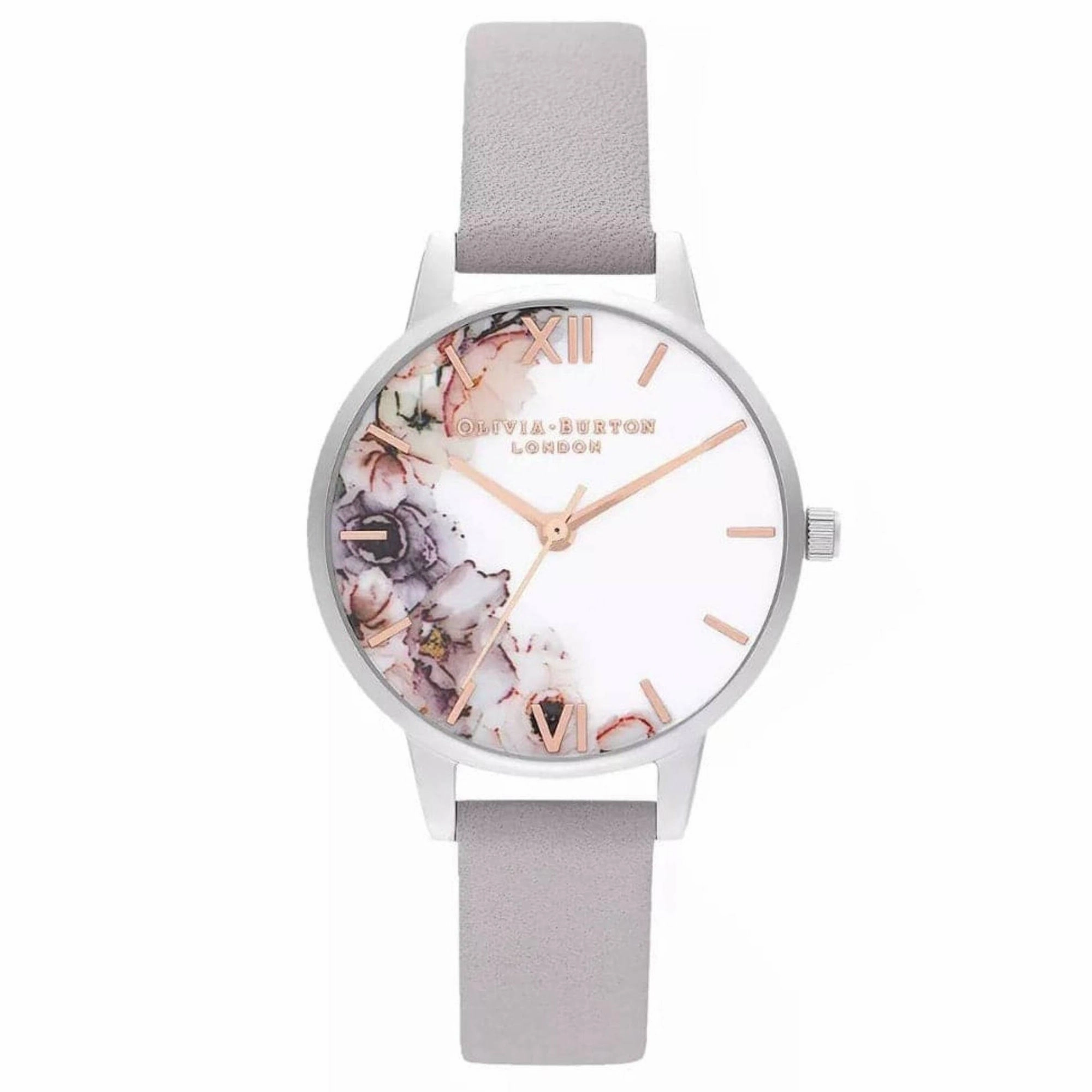 Olivia Burton Women's Watch - Watercolour Floral White Dial Grey Strap | OBGSET45