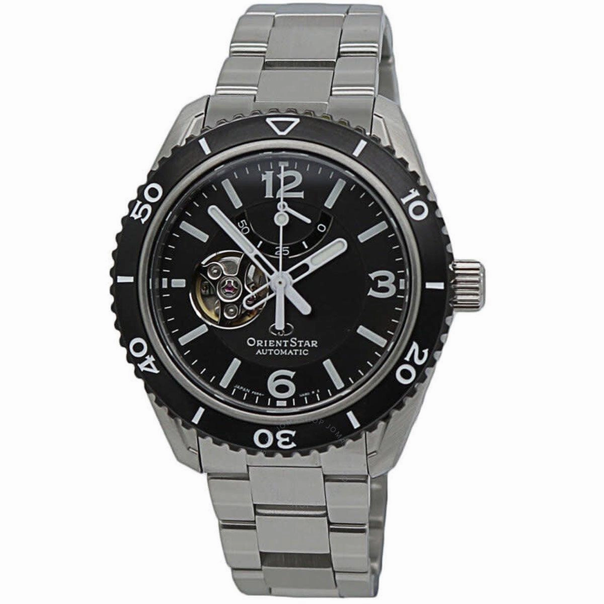 Orient Men's Automatic Watch - Star Open Heart Black Dial Bracelet | RE-AT0101B00B