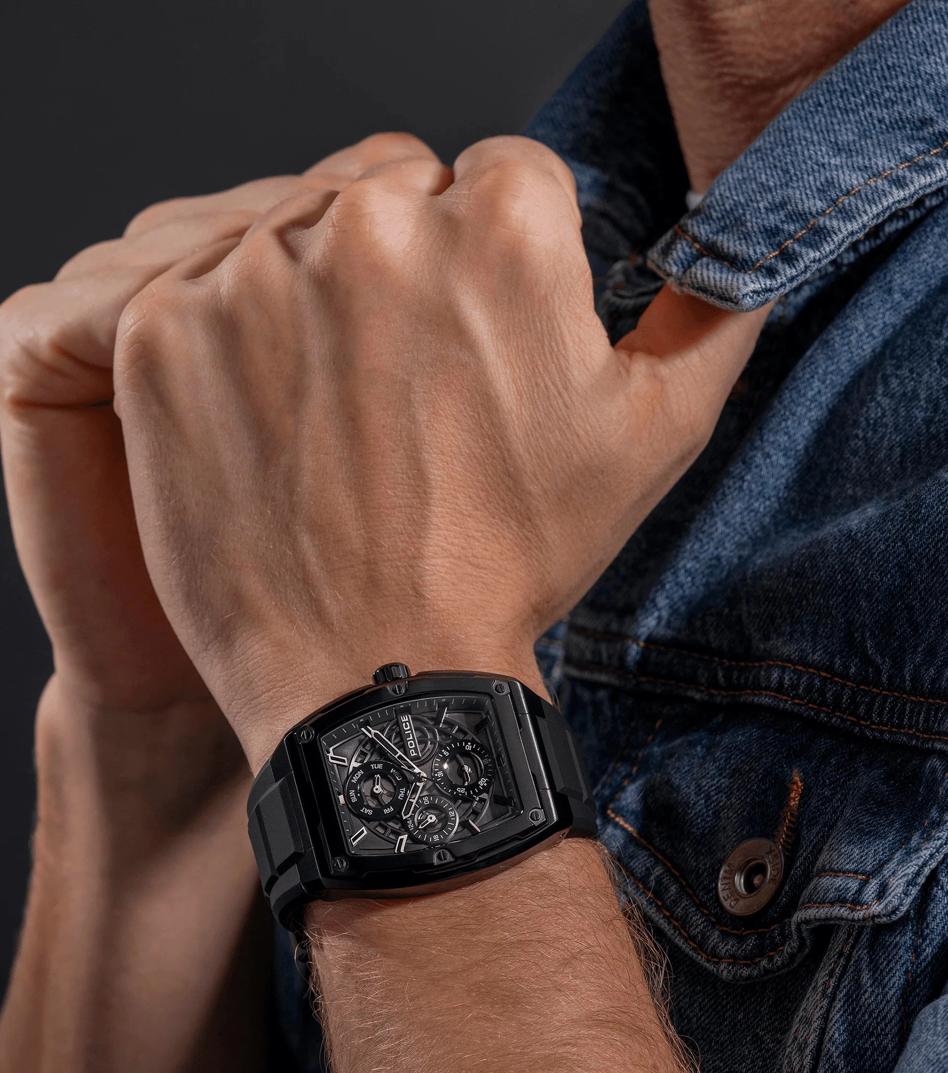 Police Creed Gents Transparent Charcoal Grey Dial Black Silicon Strap Watch