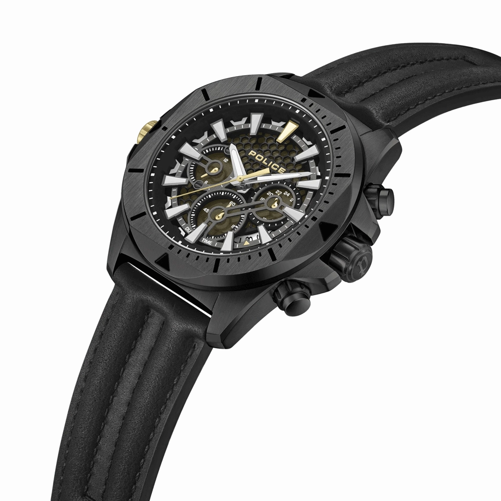 Police Electrical Gents Black Dial Black Leather Starp Watch
