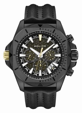 Police Electrical Gents Black Dial Black Leather Starp Watch