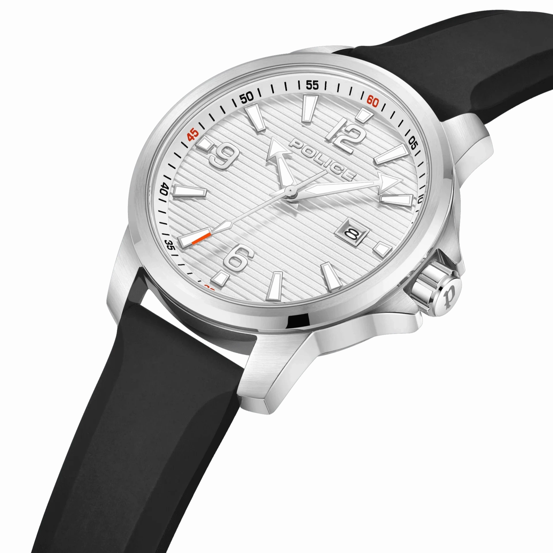 Police Mensor Gents Silver Dial Black Silicone Strap Watch