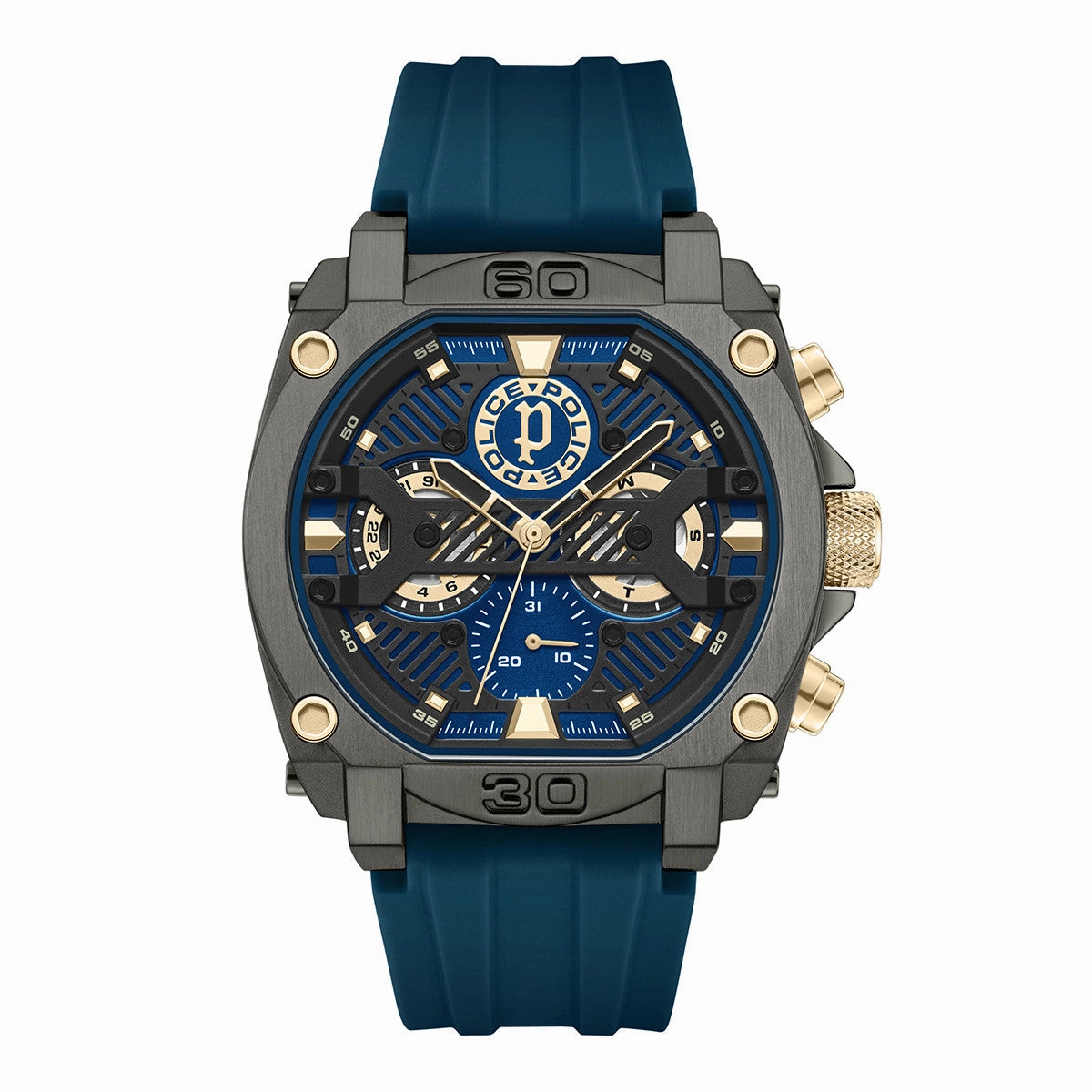 Police Norwood Gents Blue Dial IP Gun Case Blue Silicone Starp Watch
