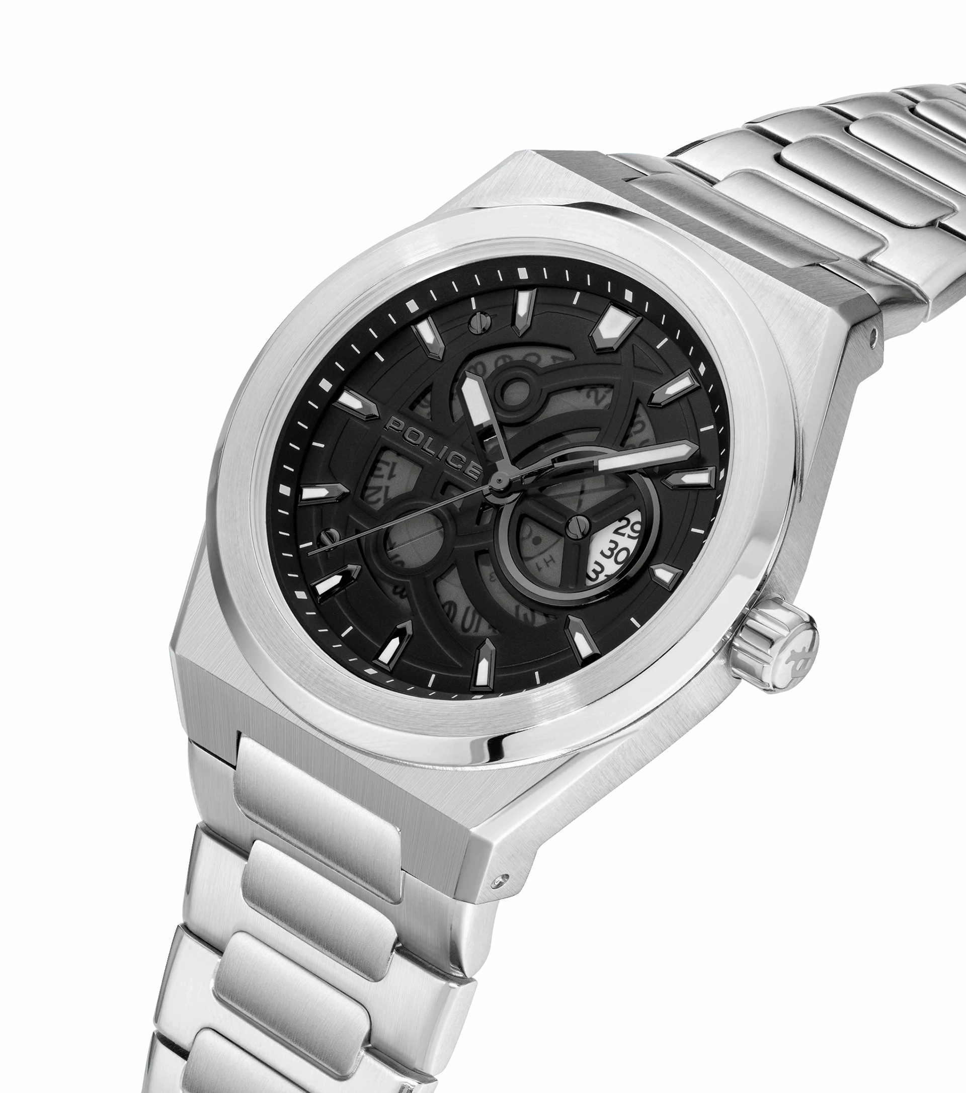 Police Ofset Gents Silver-Tone Watch with Translucent Black Dial