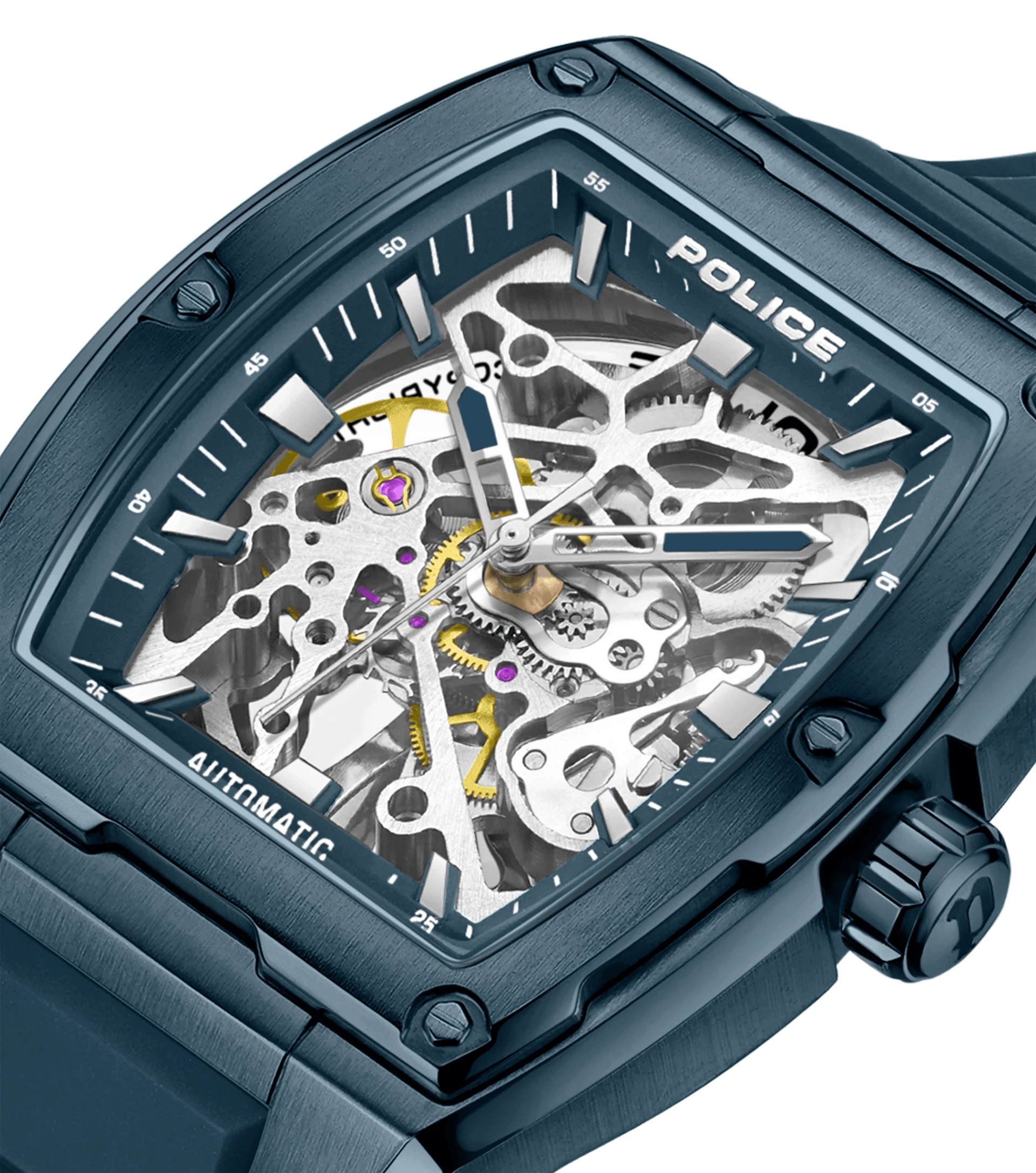 Police Skeletor Gents Automatic Blue Case Blue Silicone Strap Watch