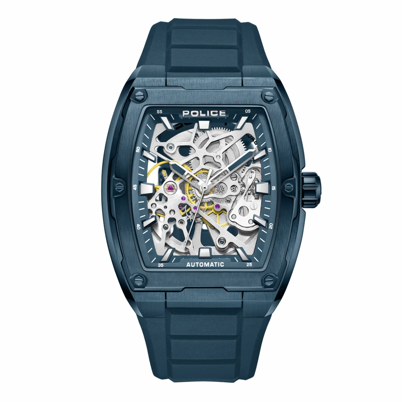 Police Skeletor Gents Automatic Blue Case Blue Silicone Strap Watch