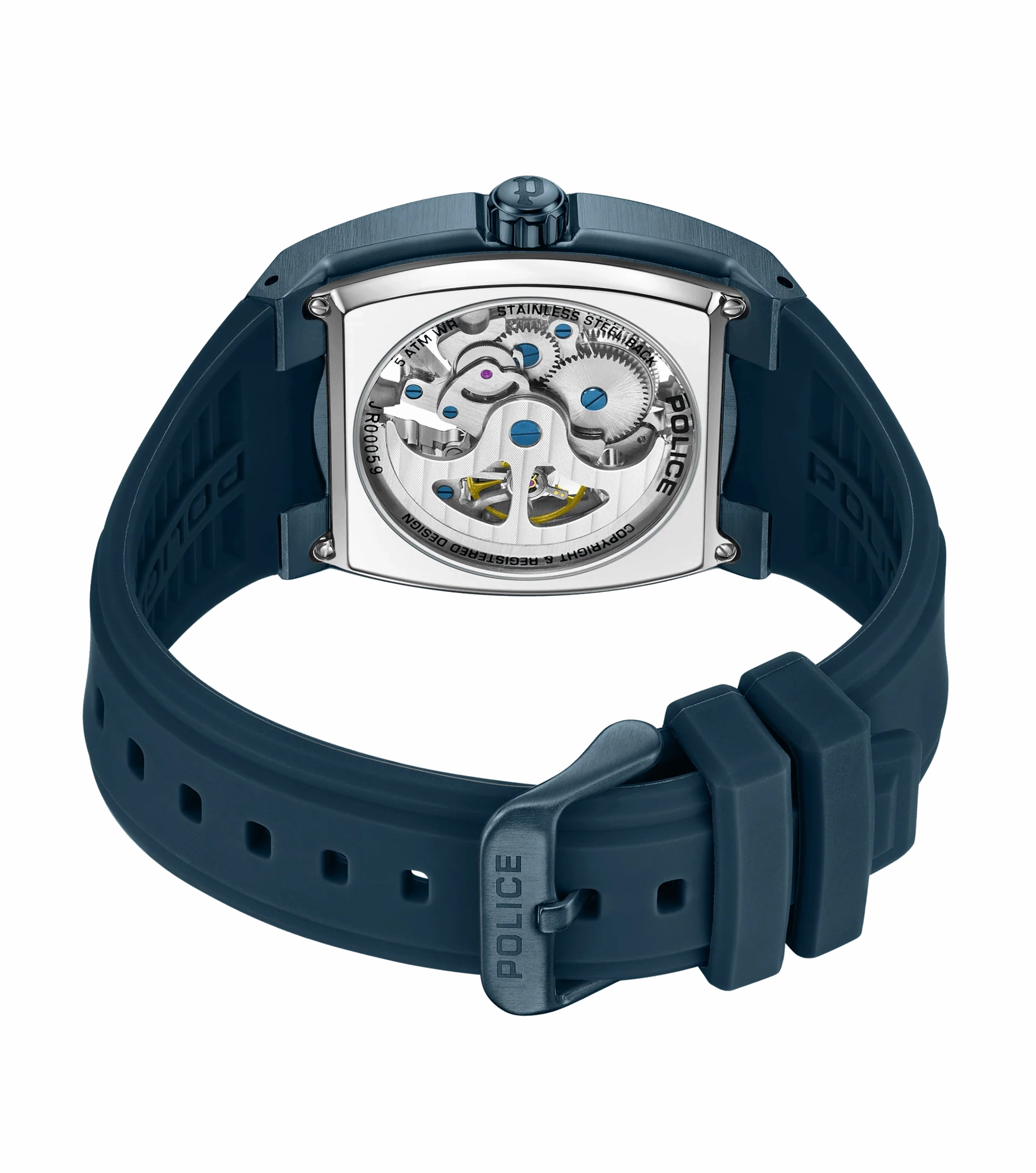 Police Skeletor Gents Automatic Blue Case Blue Silicone Strap Watch