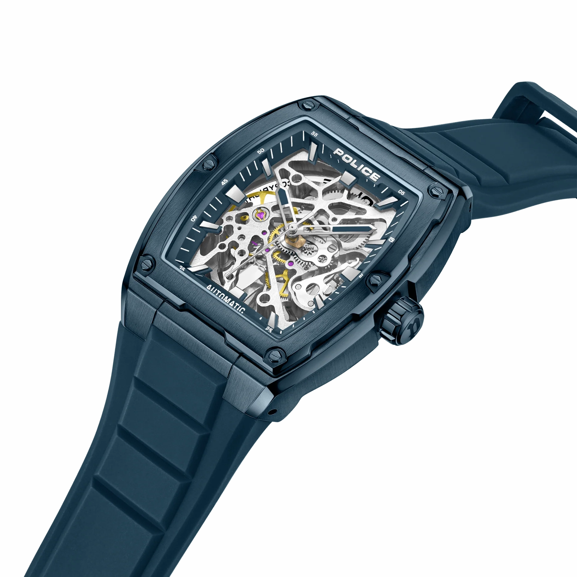 Police Skeletor Gents Automatic Blue Case Blue Silicone Strap Watch