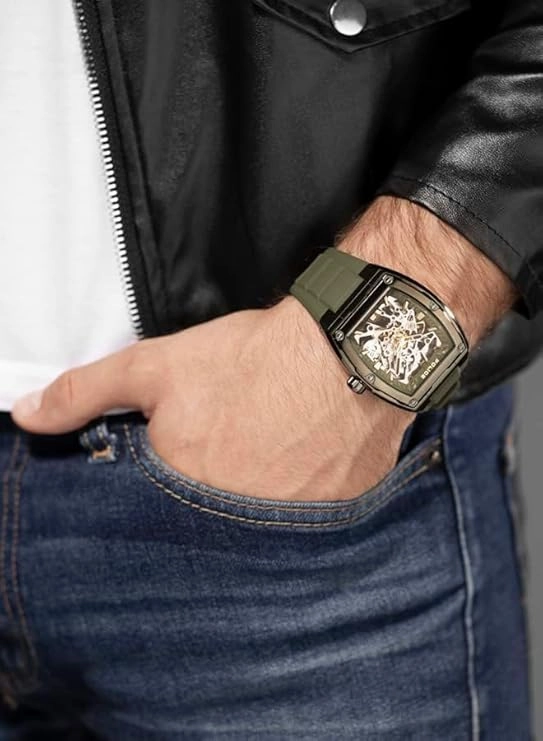 Police Skeletor Gents Olive Dial Olive Silicone Strap Watch