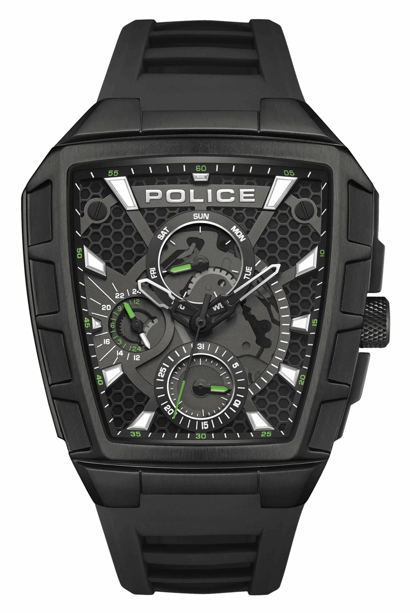 Police Tough Gear Gents Black Dial Black Silicone Starp Watch