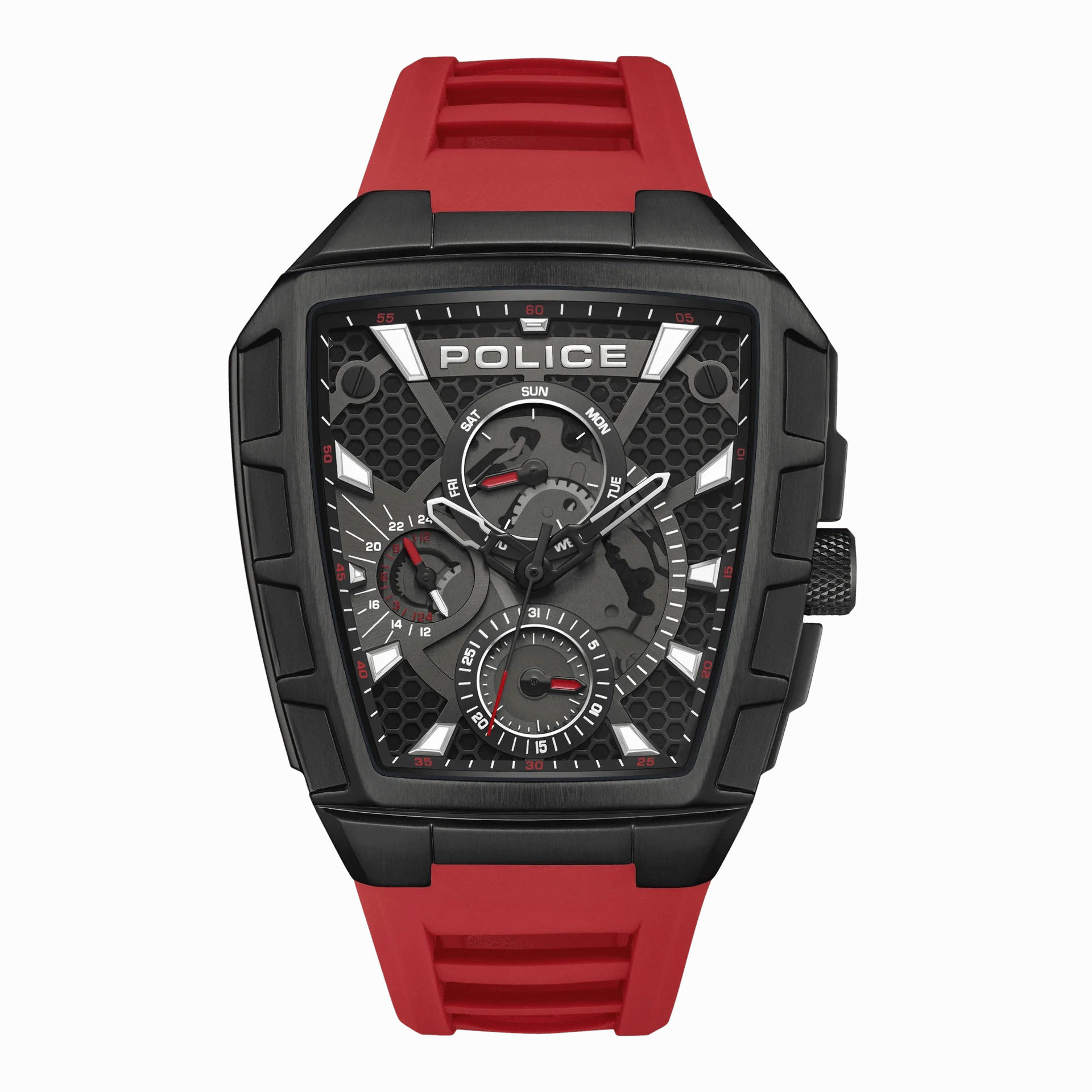 Police Tough Gear Gents Black Dial Red Silicone Starp Watch