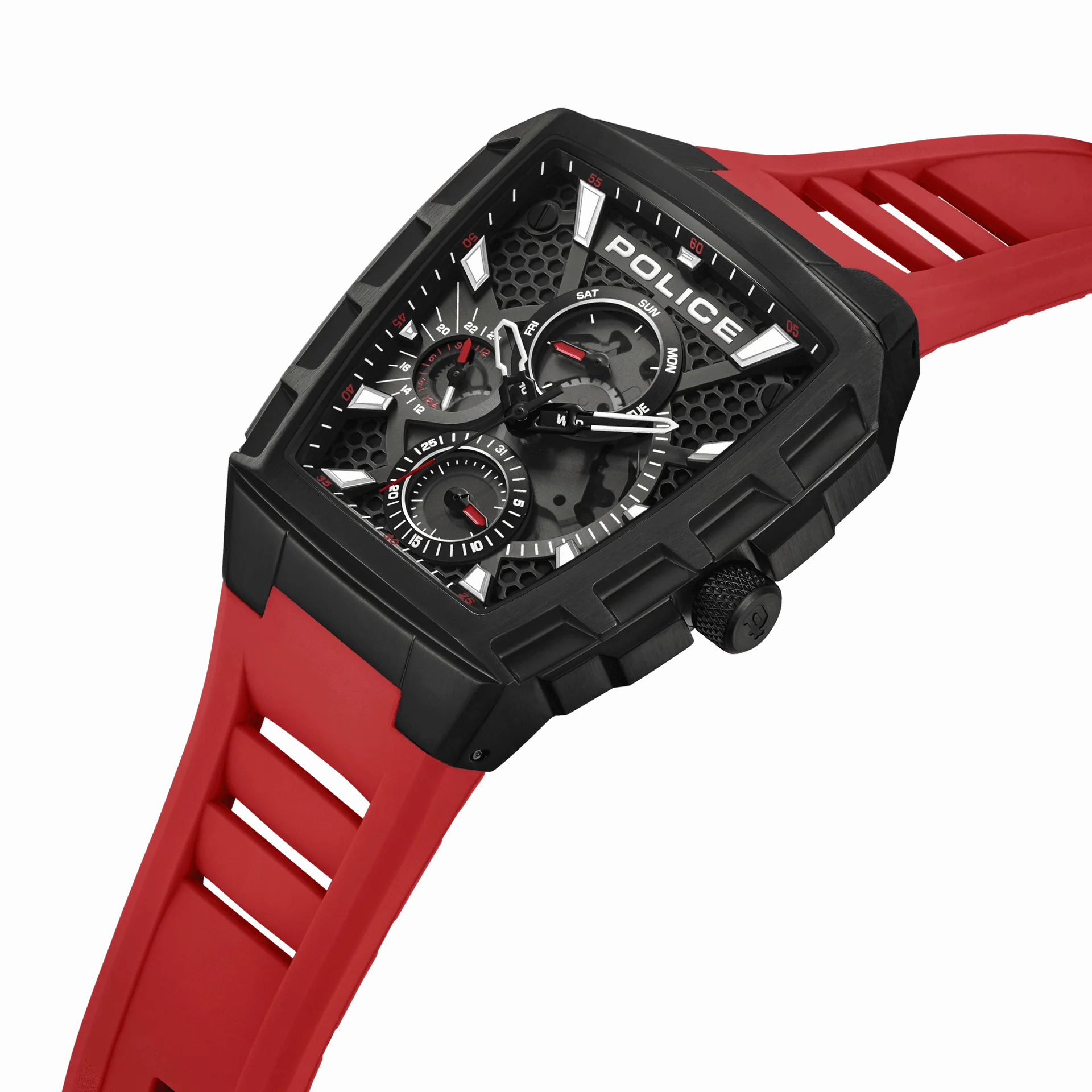 Police Tough Gear Gents Black Dial Red Silicone Starp Watch