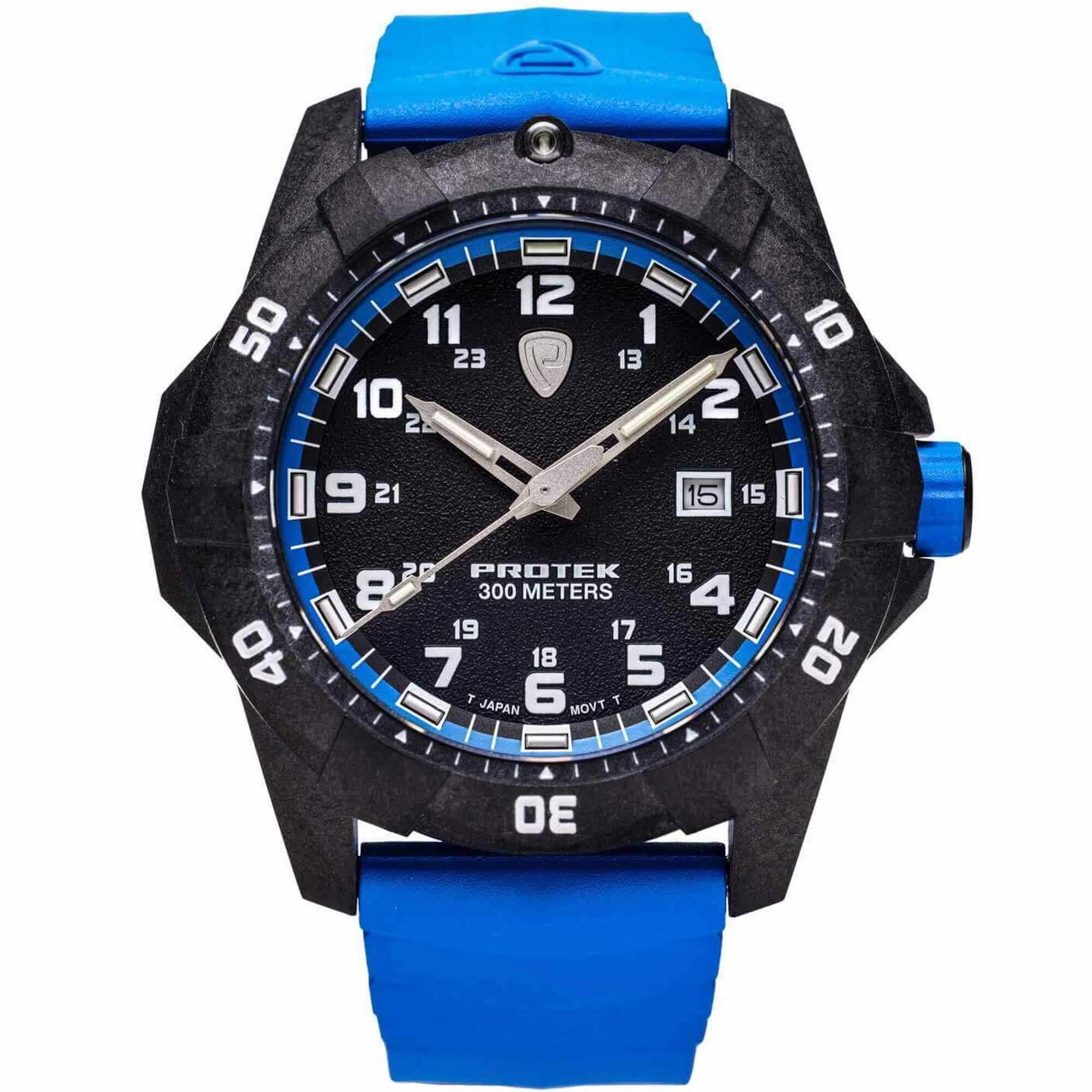 Protek Unisex Quartz Watch - Dive Series Black Dial Blue Rubber Strap | 1003B