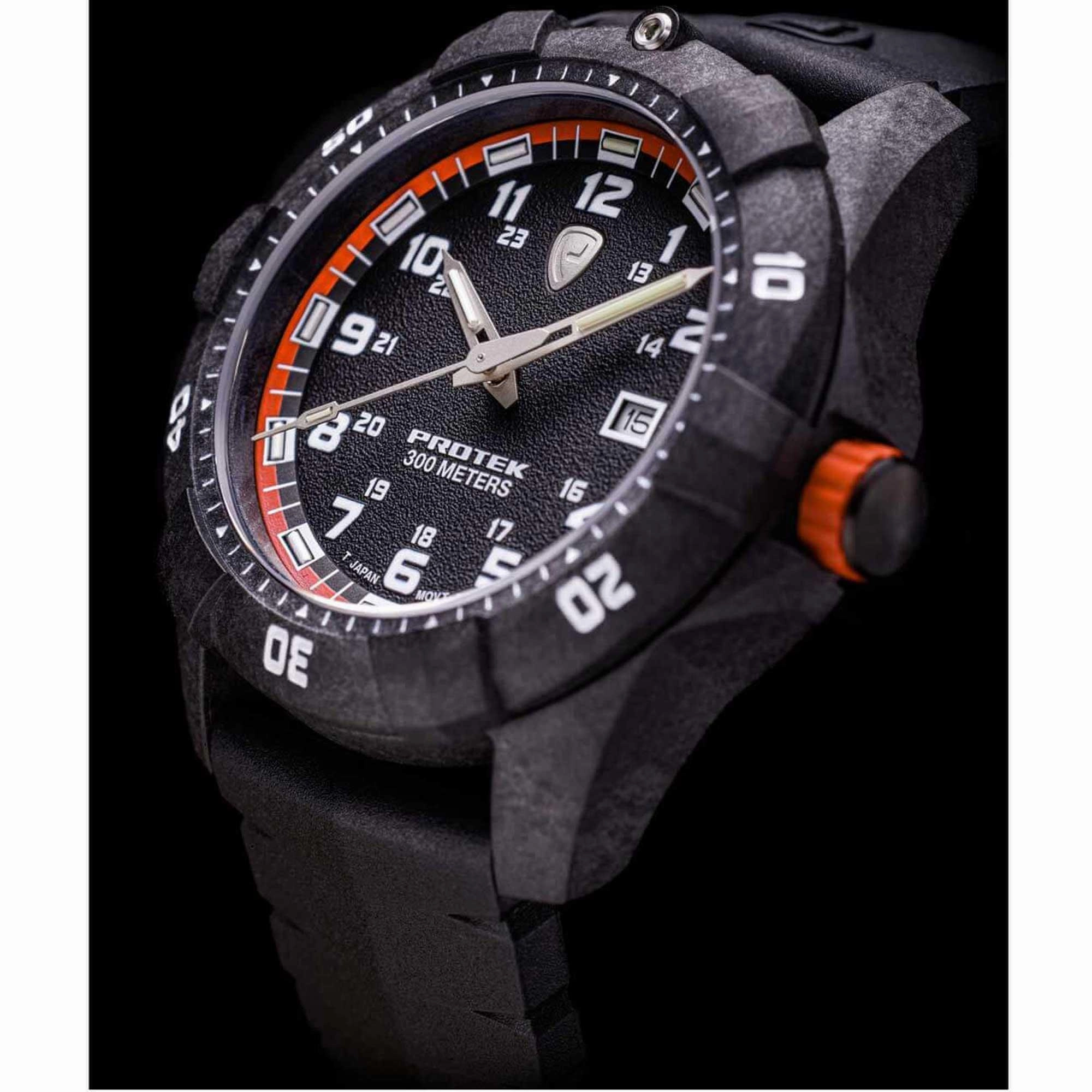 Protek Unisex Quartz Watch - Dive Series Orange and Black Dial Rubber Strap | 1004