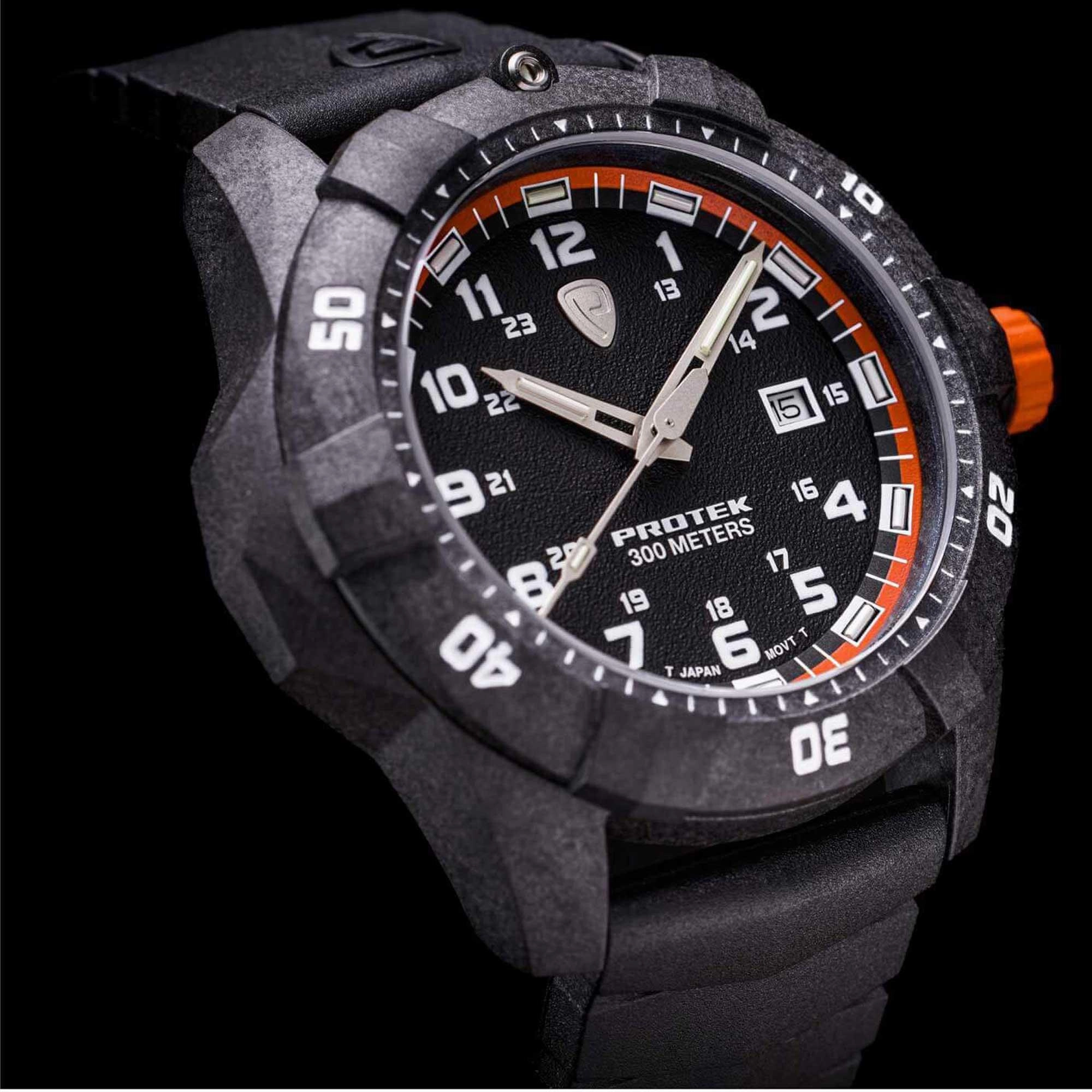 Protek Unisex Quartz Watch - Dive Series Orange and Black Dial Rubber Strap | 1004
