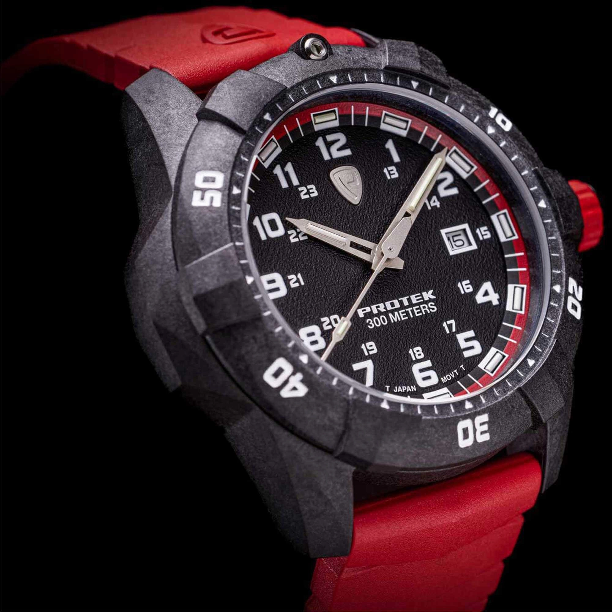 Protek Unisex Quartz Watch - Dive Series Rotating Bezel Red Rubber Strap | 1002R