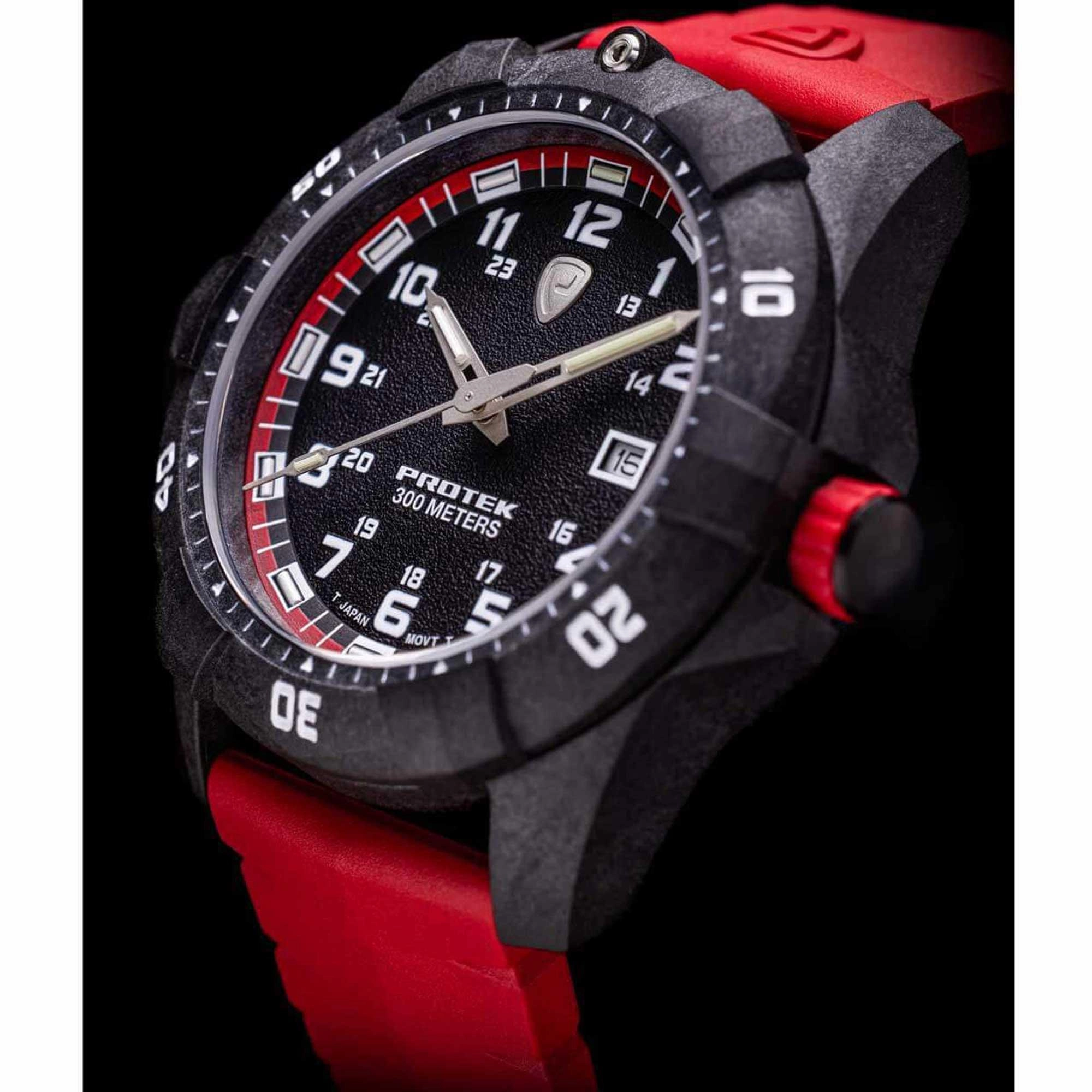 Protek Unisex Quartz Watch - Dive Series Rotating Bezel Red Rubber Strap | 1002R