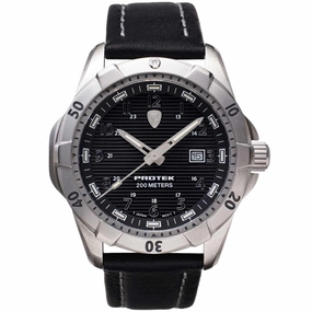 Protek Unisex Quartz Watch - Dive Series Silver Tone Case Black Leather Strap | 2001