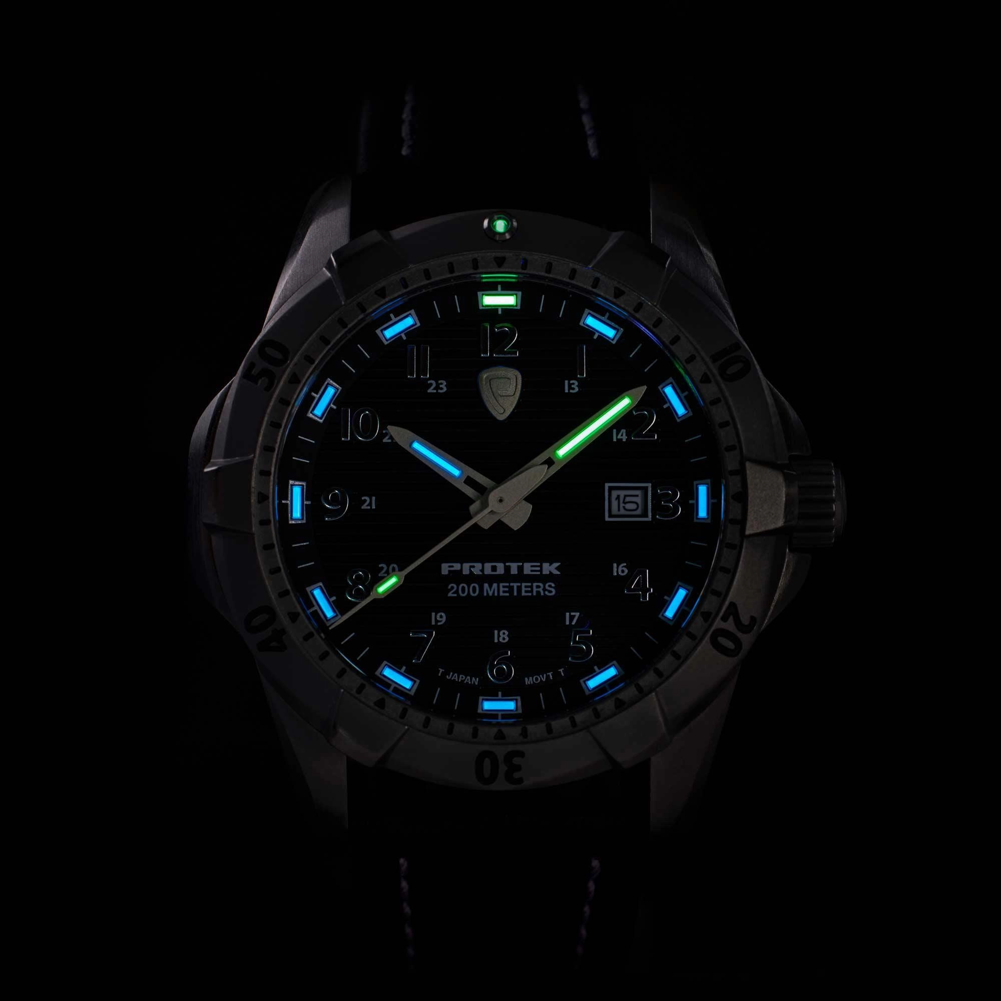 Protek Unisex Watch - Dive Series Rotating Bezel Genuine Black Leather Strap | 2004