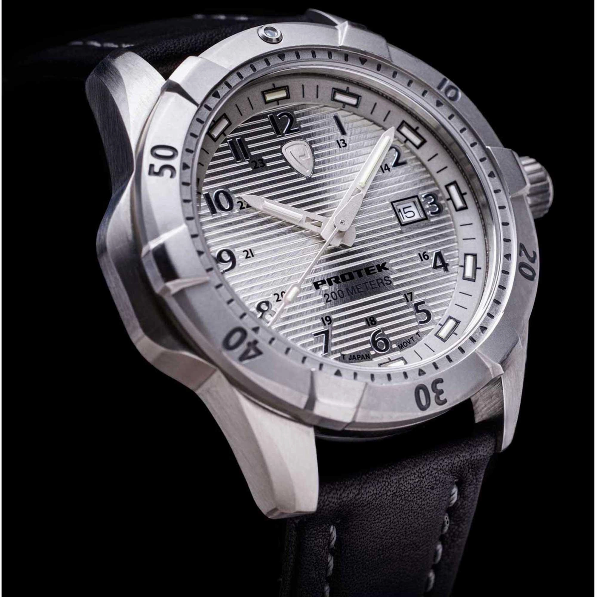 Protek Unisex Watch - Dive Series Rotating Bezel Genuine Black Leather Strap | 2004