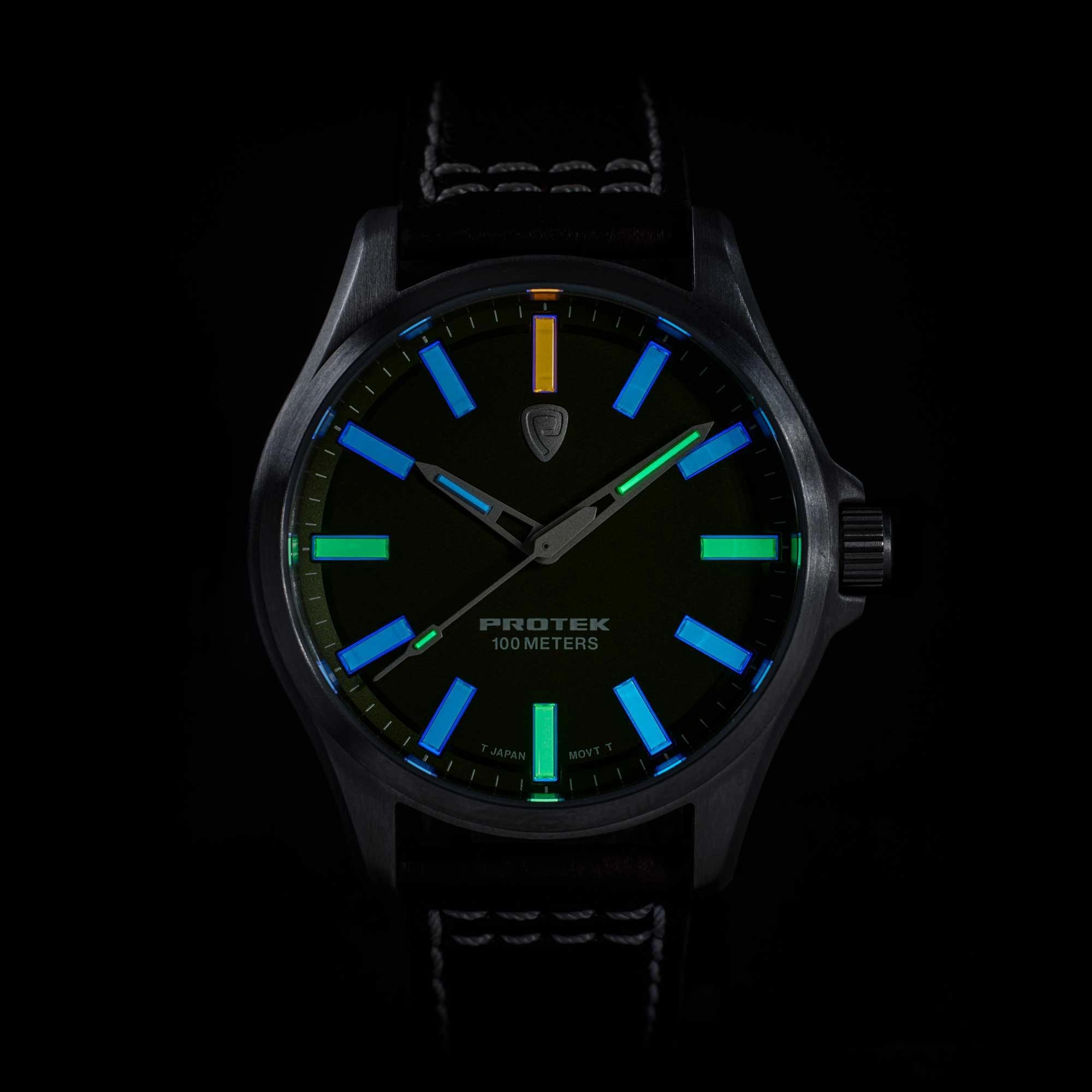 Protek Unisex Watch - Field Series Japanese Quartz Genuine Black Leather Strap | 3002