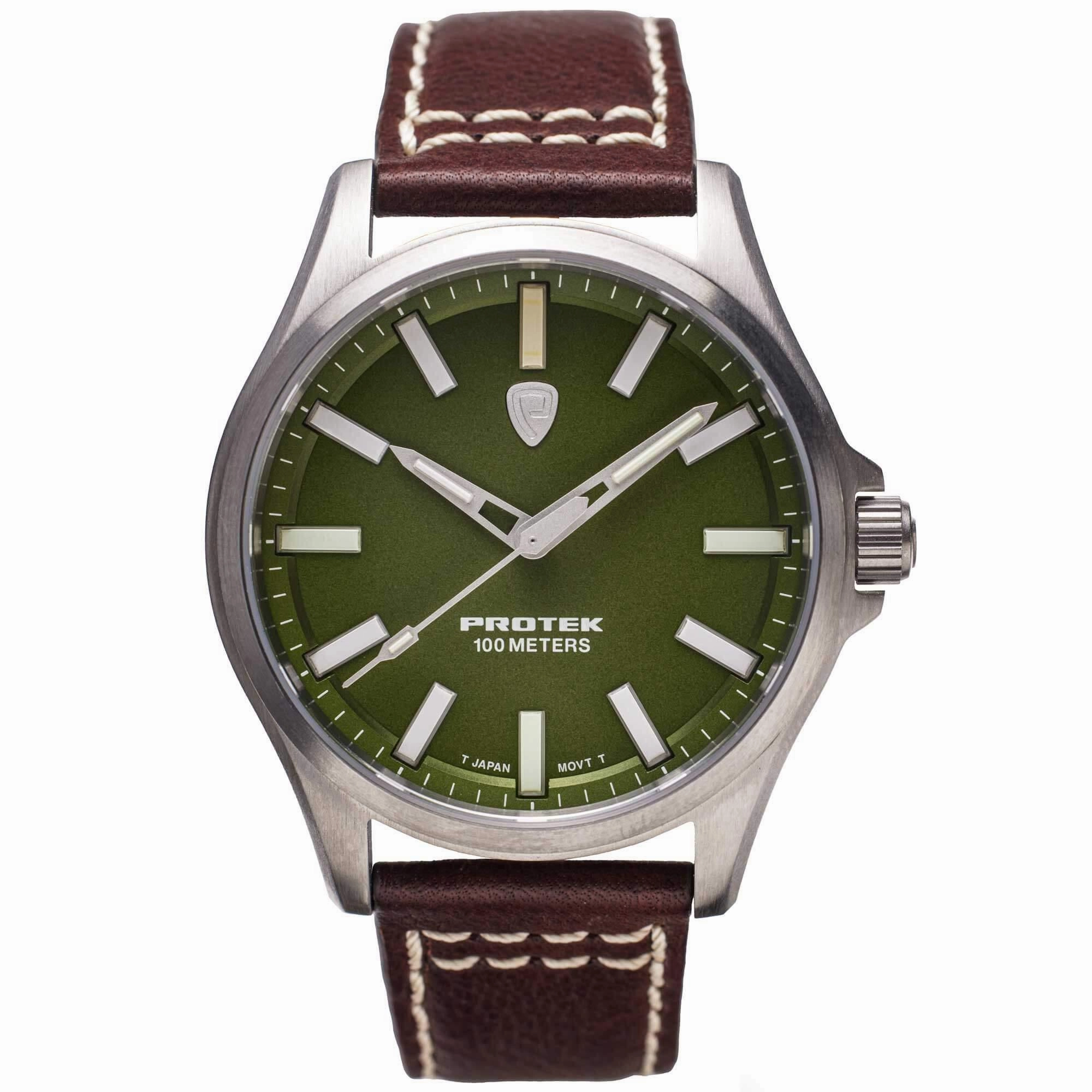 Protek Unisex Watch - Field Series Japanese Quartz Green Dial Leather Strap | 3005