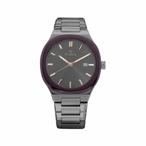 Rama Men's Quartz Watch Full Gun Metallic Plated Stainless Steel Case & Bracelet With Brown Sun Ray Dial