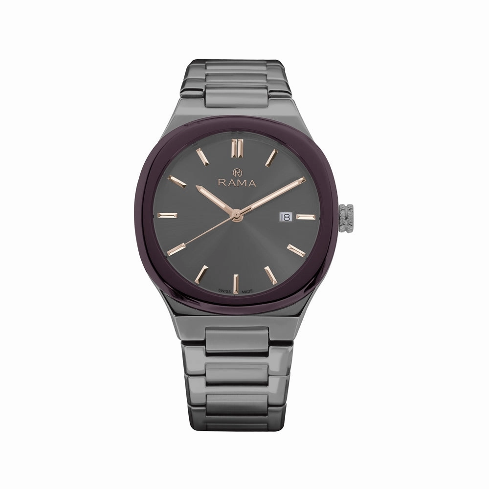 Rama Men's Quartz Watch Full Gun Metallic Plated Stainless Steel Case & Bracelet With Brown Sun Ray Dial
