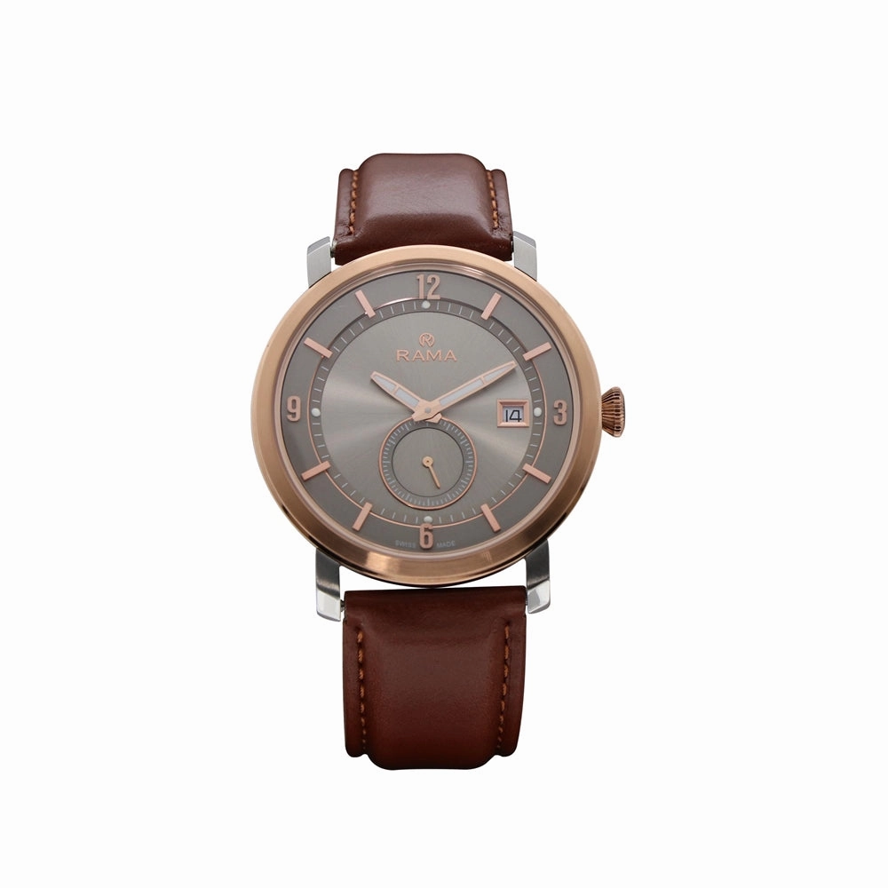 Rama Men's Quartz Watch Stainless Steel Case With Light Gray And Light Gray Ring Dial / Brown Leather Strap