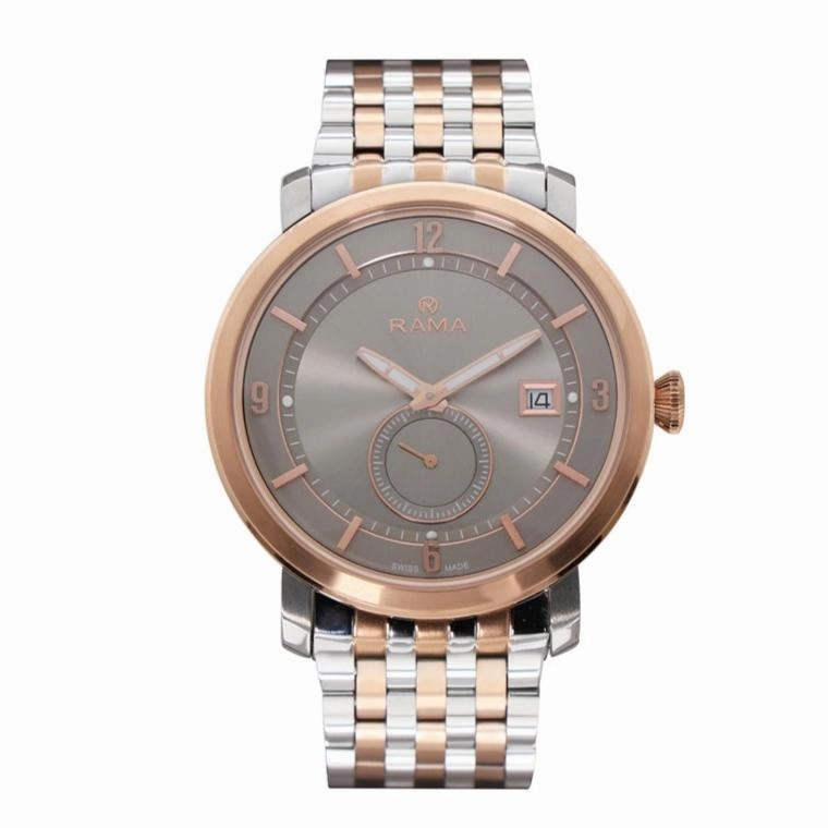 Rama Men's Quartz Watch Two Tone Rosegold/Silver Plated Stainless Steel Case & Bracelet With Light Gray And Light Gray Ring Dial