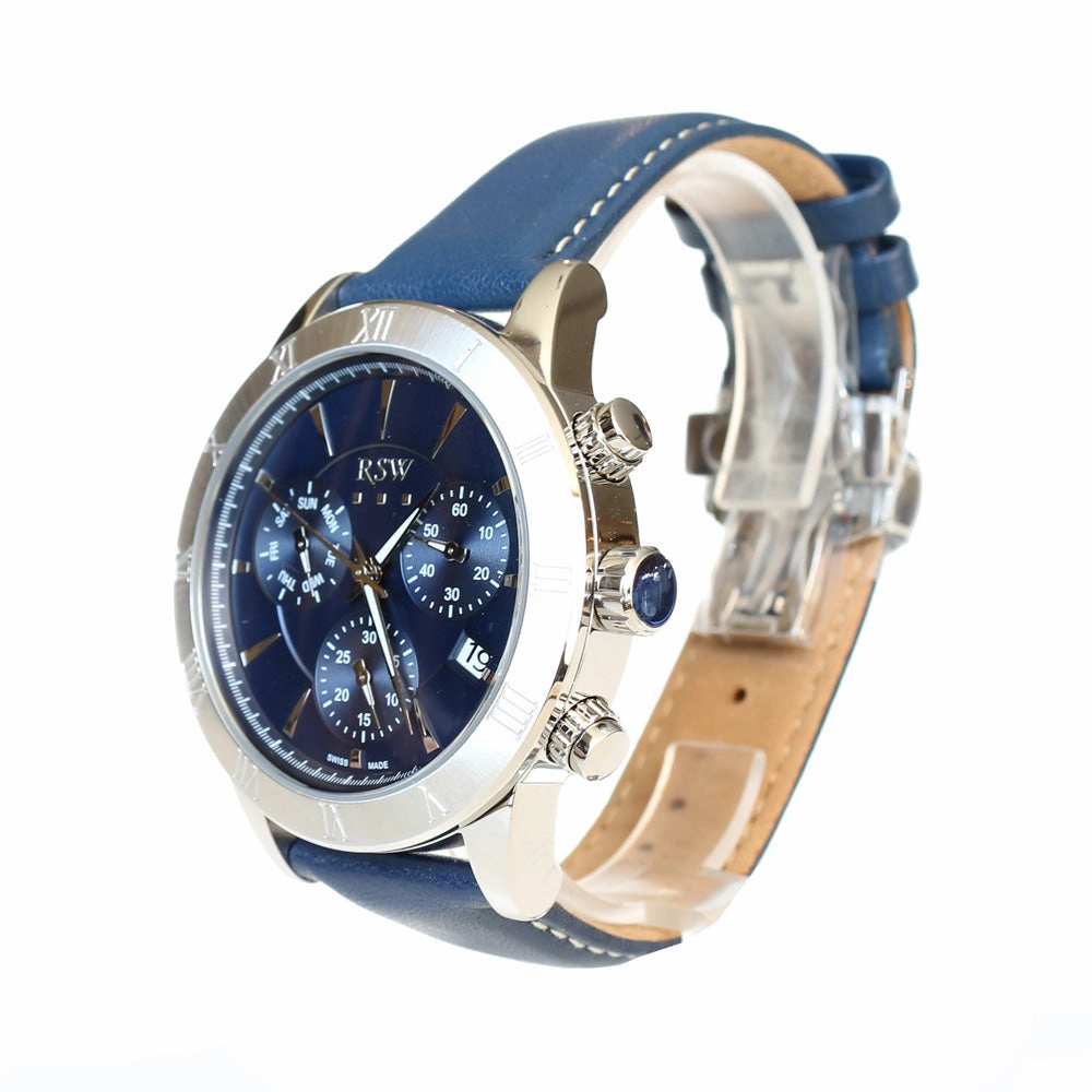 Rsw Men's Stainless Steel Watch With Blue Leather Strap