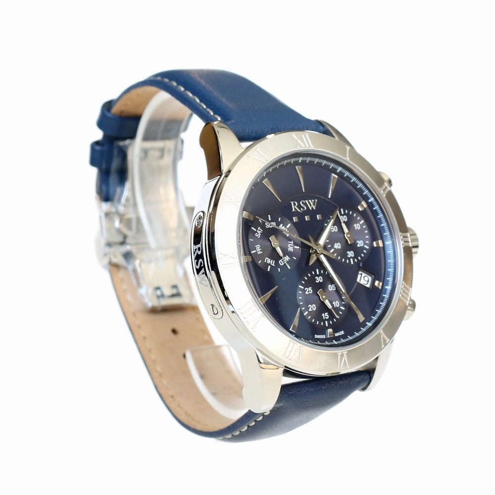 Rsw Men's Stainless Steel Watch With Blue Leather Strap