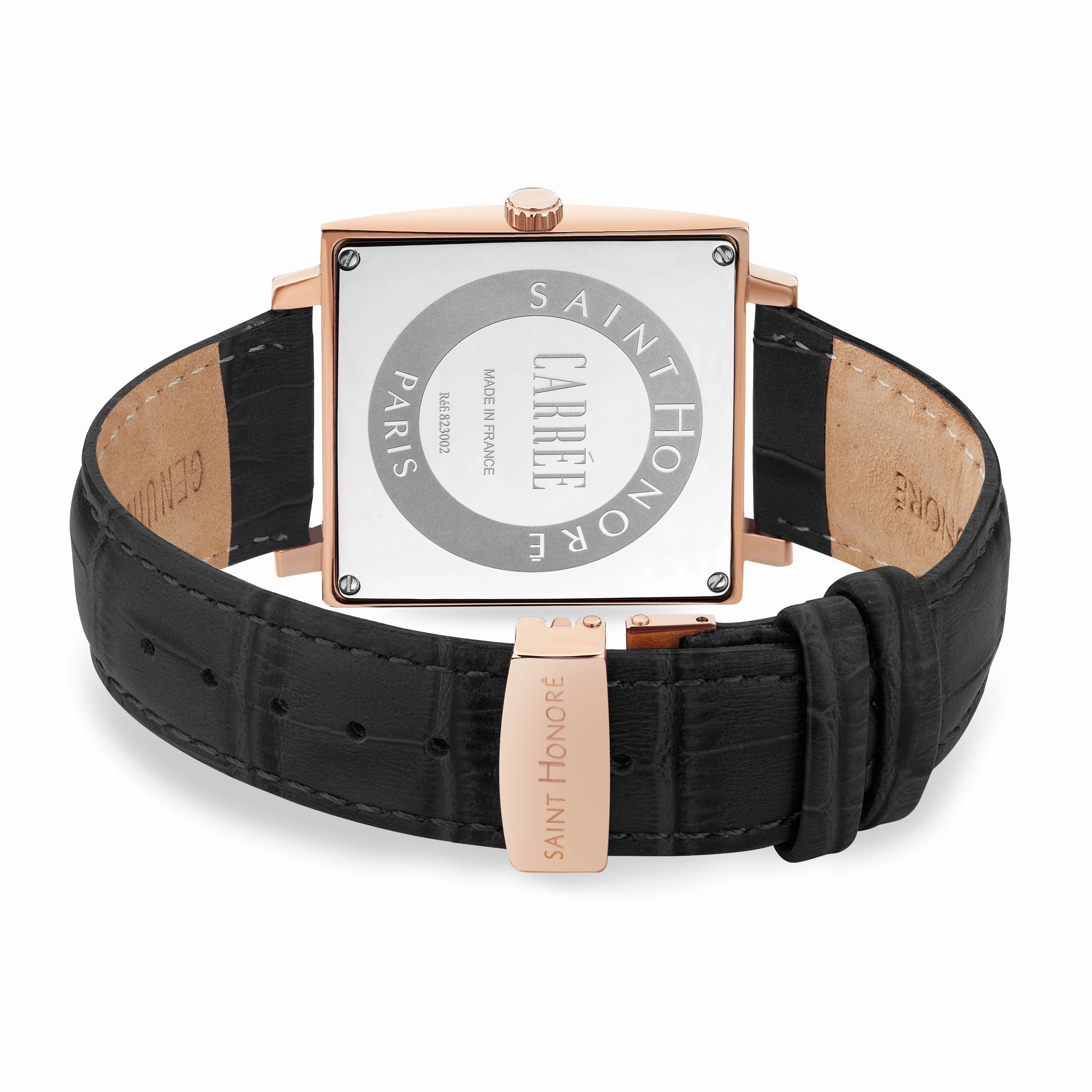Saint Honore Carre Gents Black Dial Rose Gold Case Black Leather Strap Watch