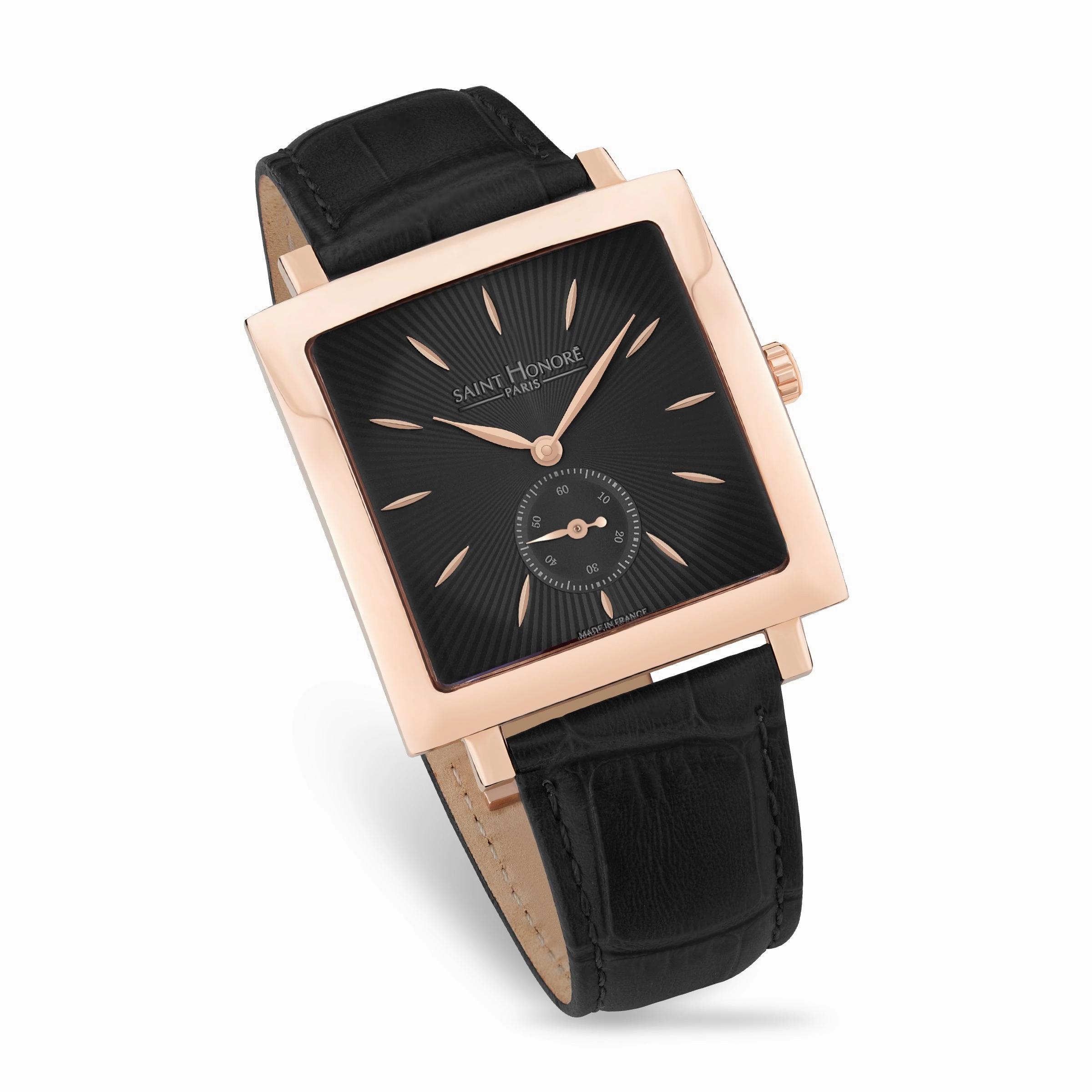 Saint Honore Carre Gents Black Dial Rose Gold Case Black Leather Strap Watch