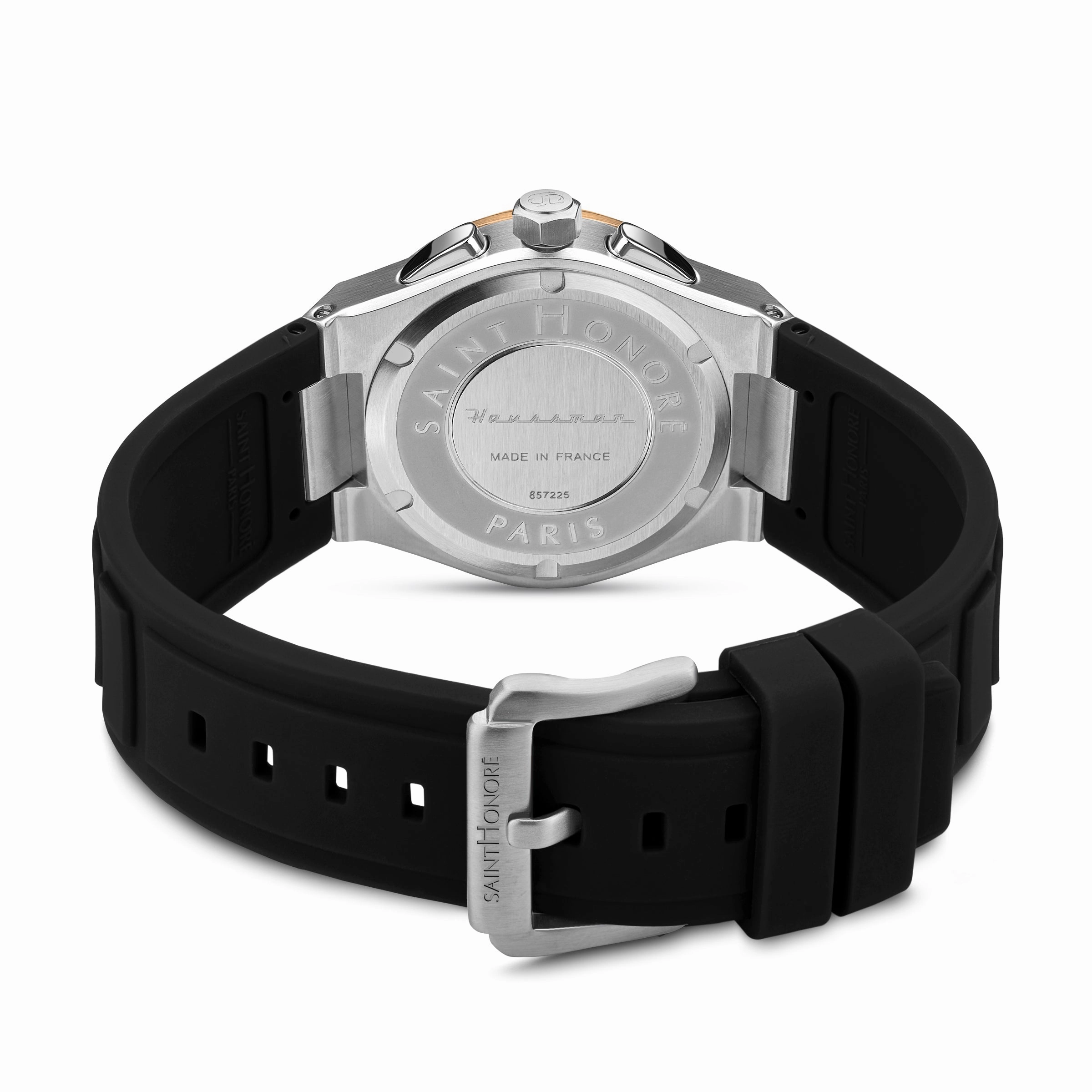 Saint Honore New Haussman Gents White Dial Stainless Steel Silver Rose Gold Case Black Silicon Strap Watch