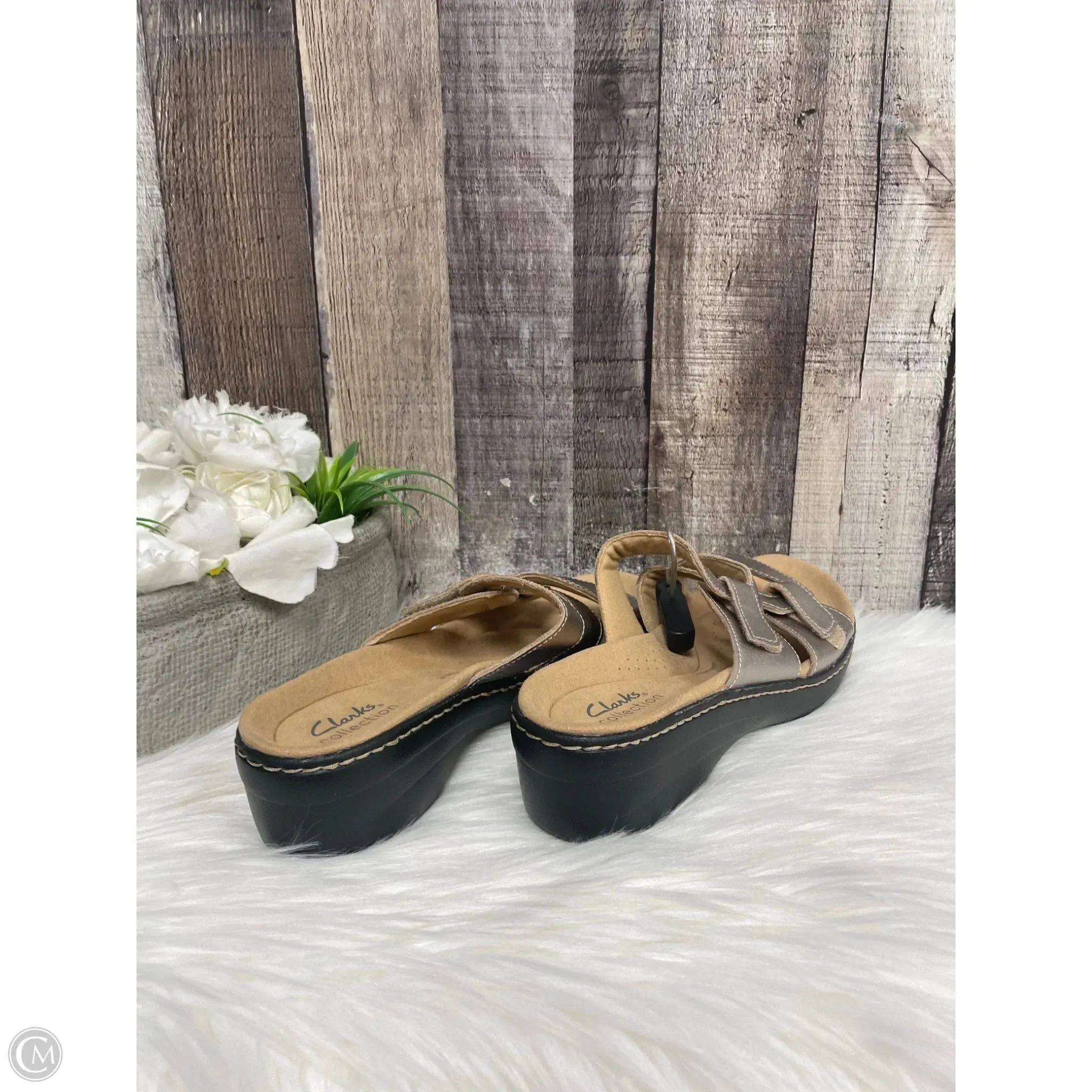 Sandals Heels Wedge By Clarks In Gold, Size: 8.5