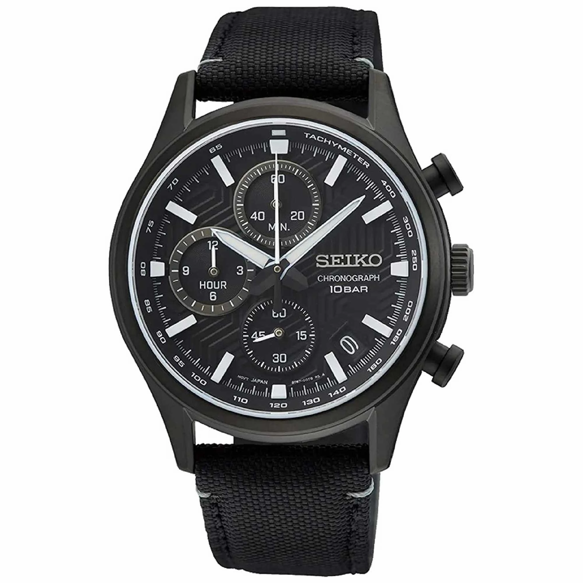 Seiko Men's Quartz Watch - Dress Chronograph Black Dial Nylon Strap Date | SSB421P1