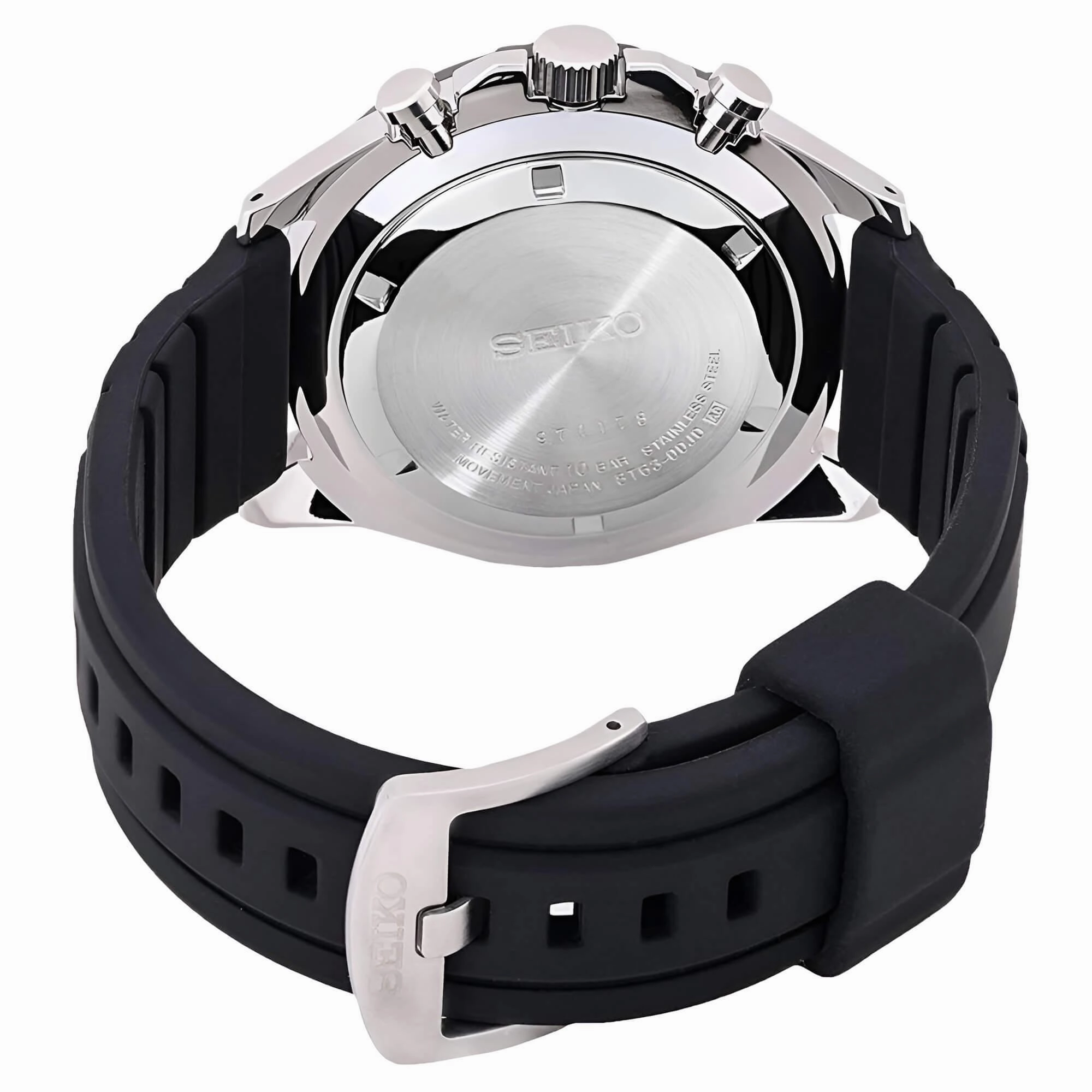 Seiko Men's Watch - Chronograph Silver Tone Case Black Silicone Strap | SSB347P1