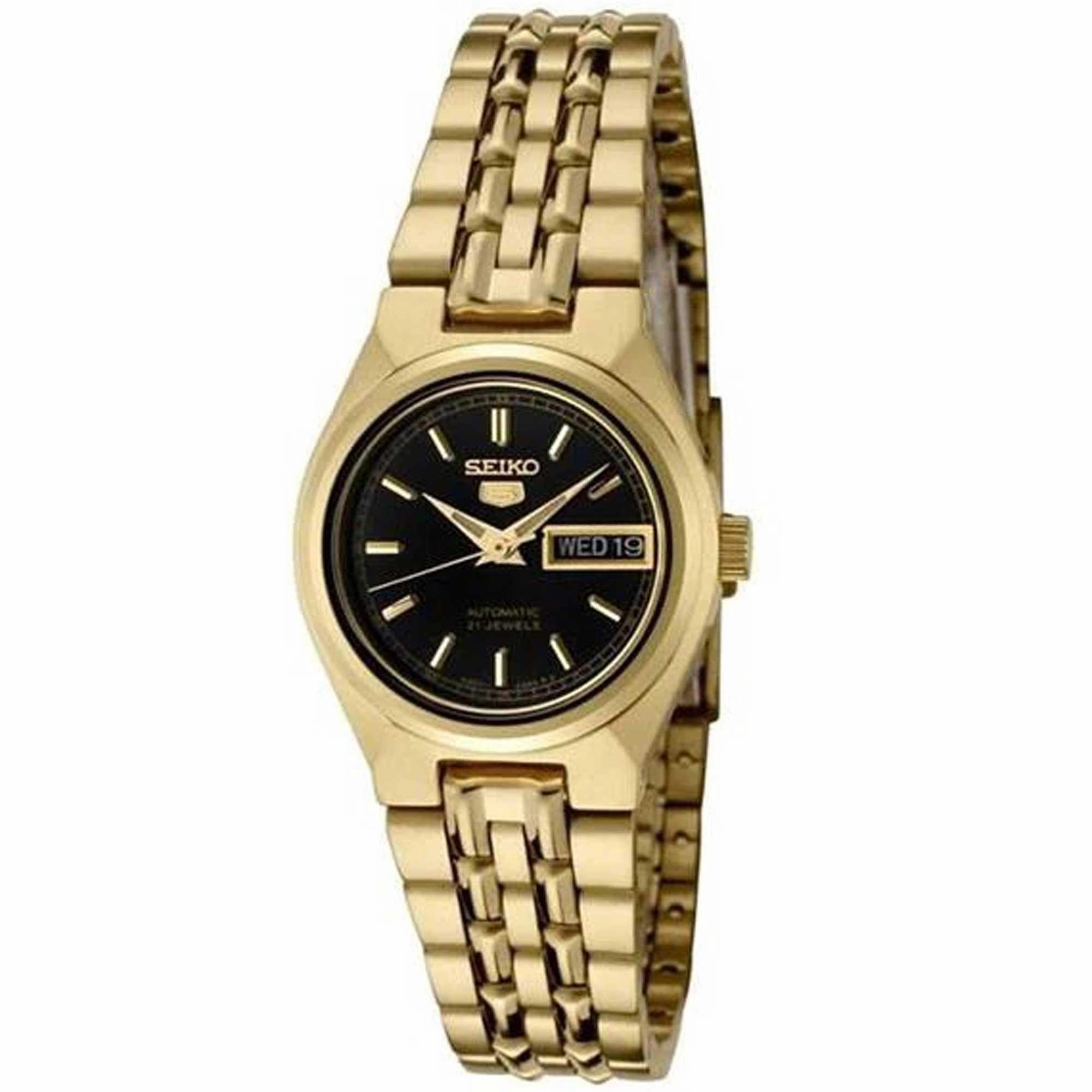 Seiko Women's Automatic Watch - 5 Sports Black Dial Yellow Gold Bracelet | SYMA06K1
