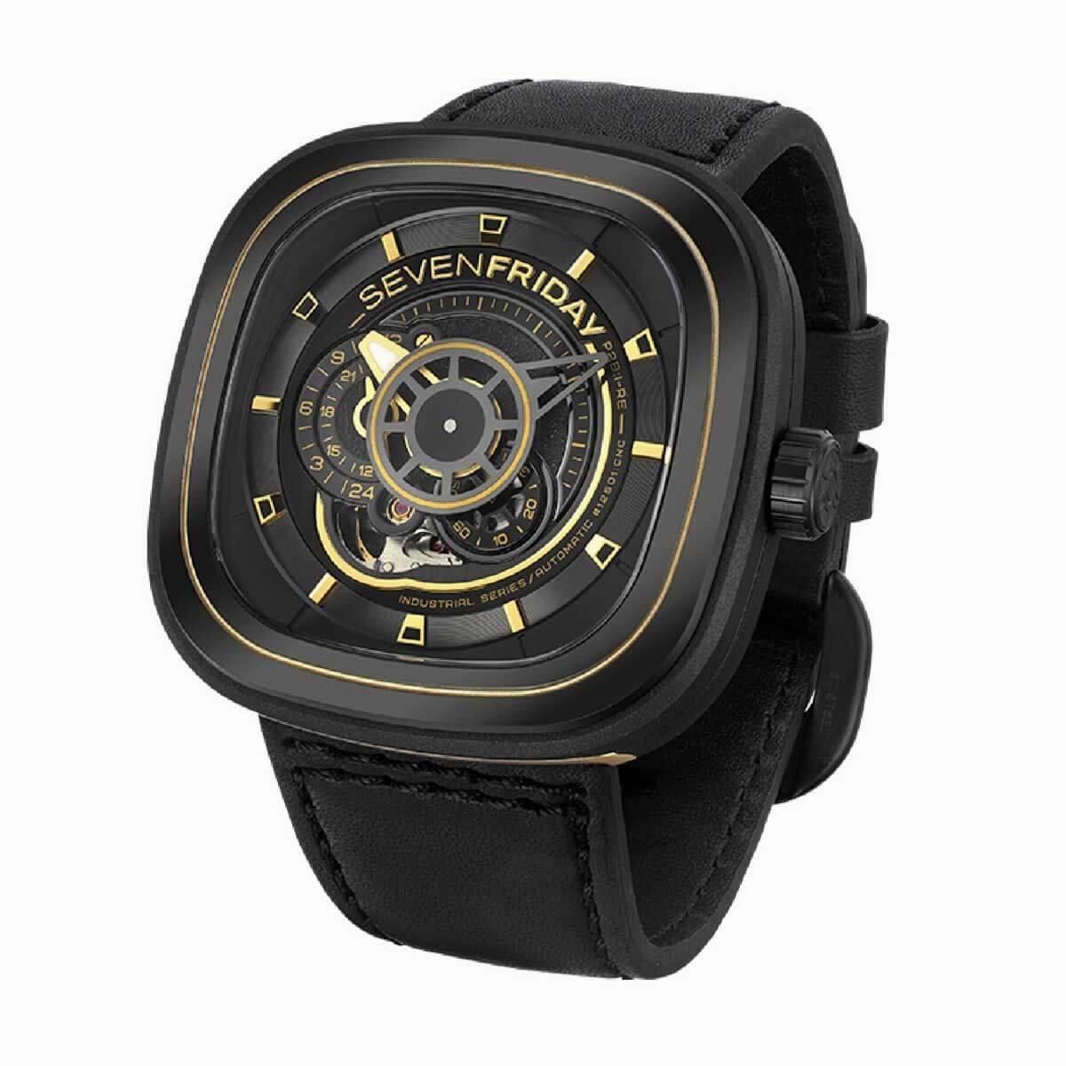 SevenFriday Men's Automatic Watch - P Series Power Reserve Black Dial Strap | P2B-02