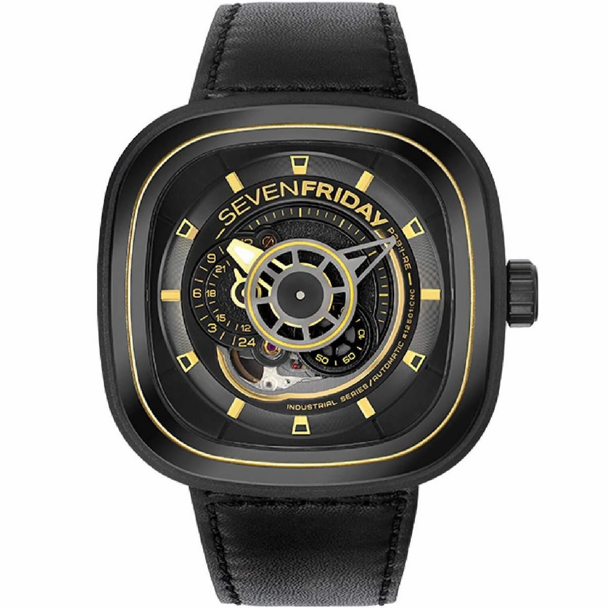 SevenFriday Men's Automatic Watch - P Series Power Reserve Black Dial Strap | P2B-02