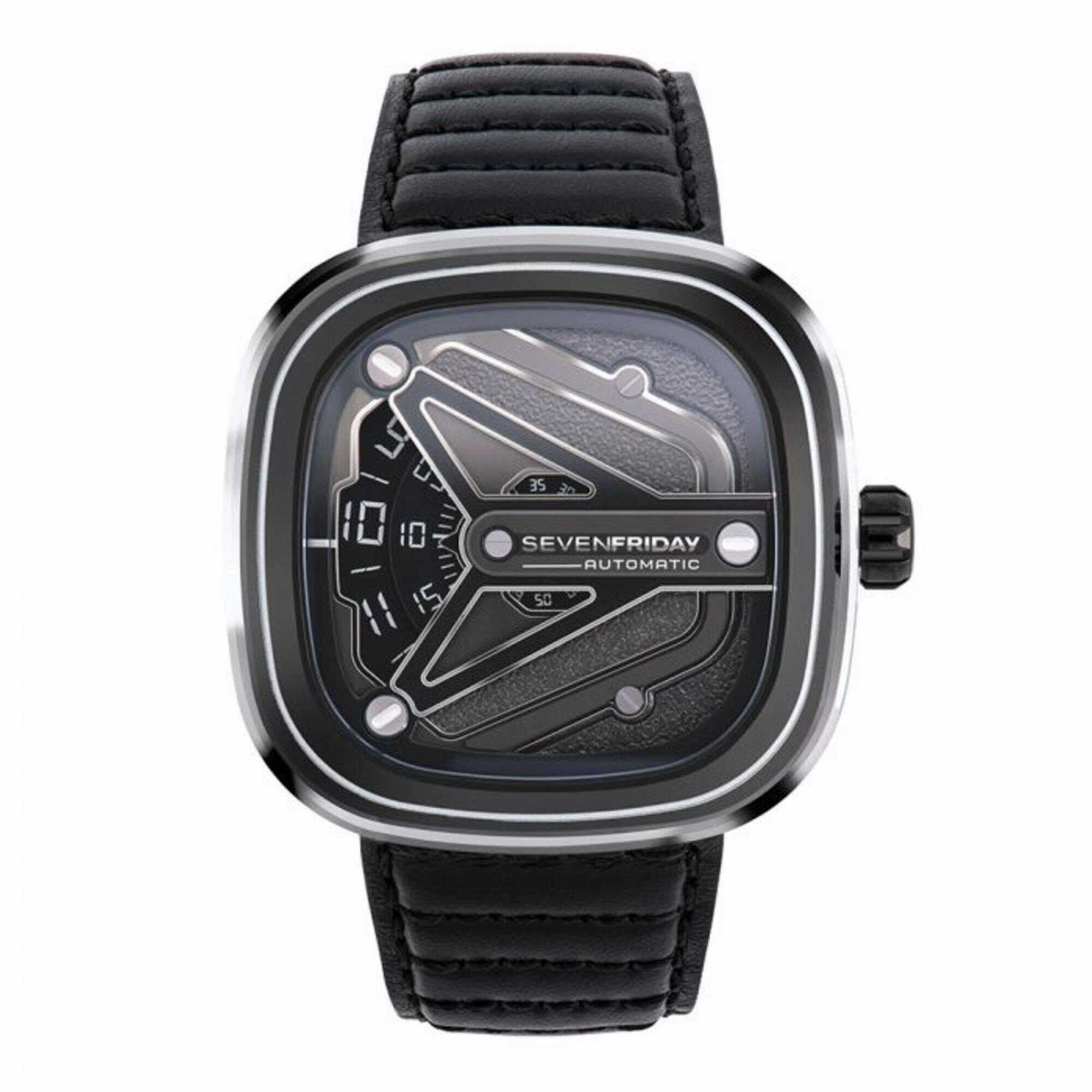 SevenFriday Men's Watch - M-Series Automatic Silver Tone Case Black Strap | M3-08